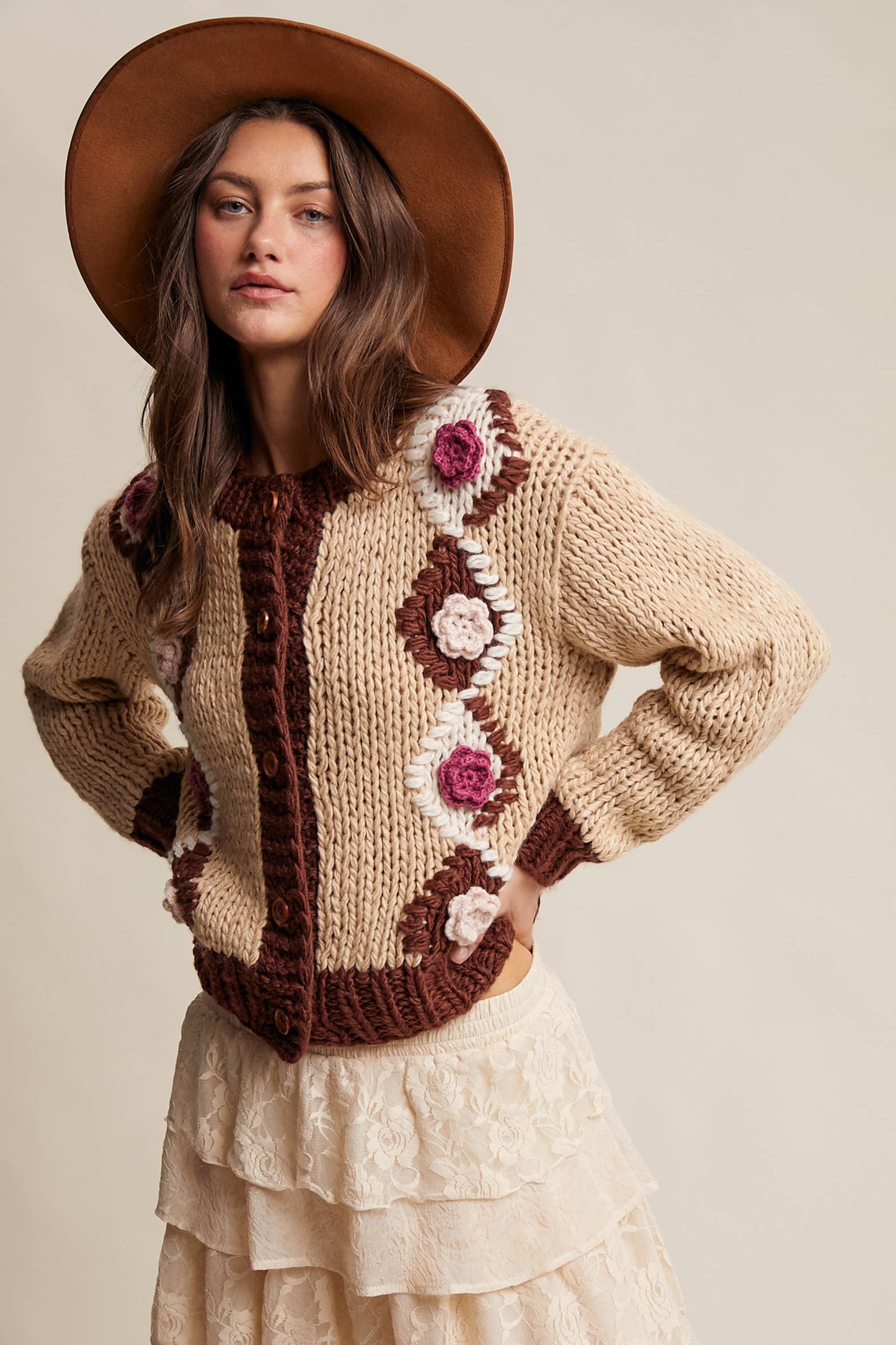 Handmade Crochet Floral Cardigan: Tiramisu