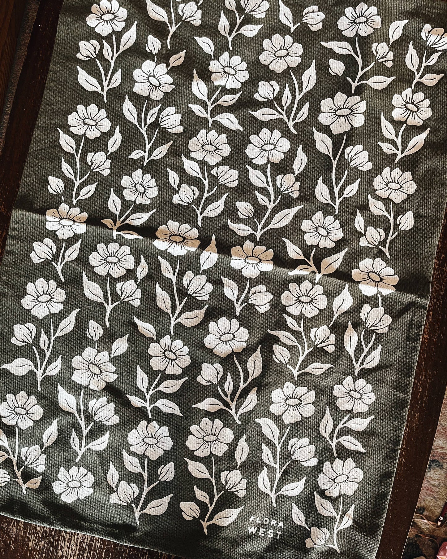 Organic Cotton Tea Towel Floral on Olive
