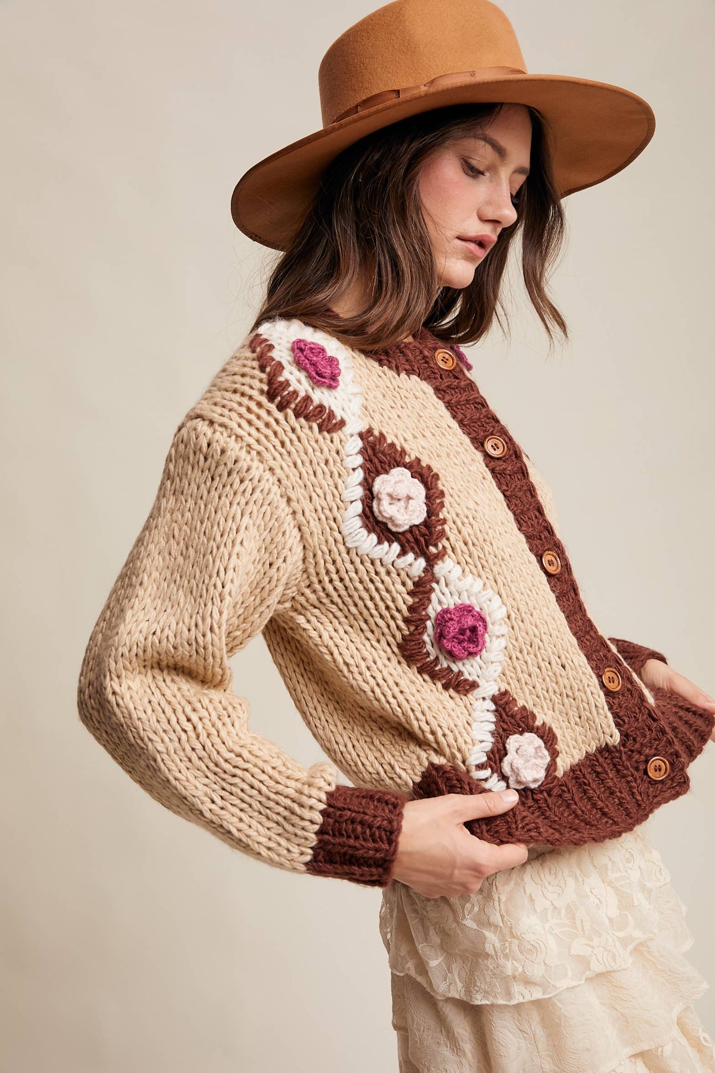 Handmade Crochet Floral Cardigan: Tiramisu