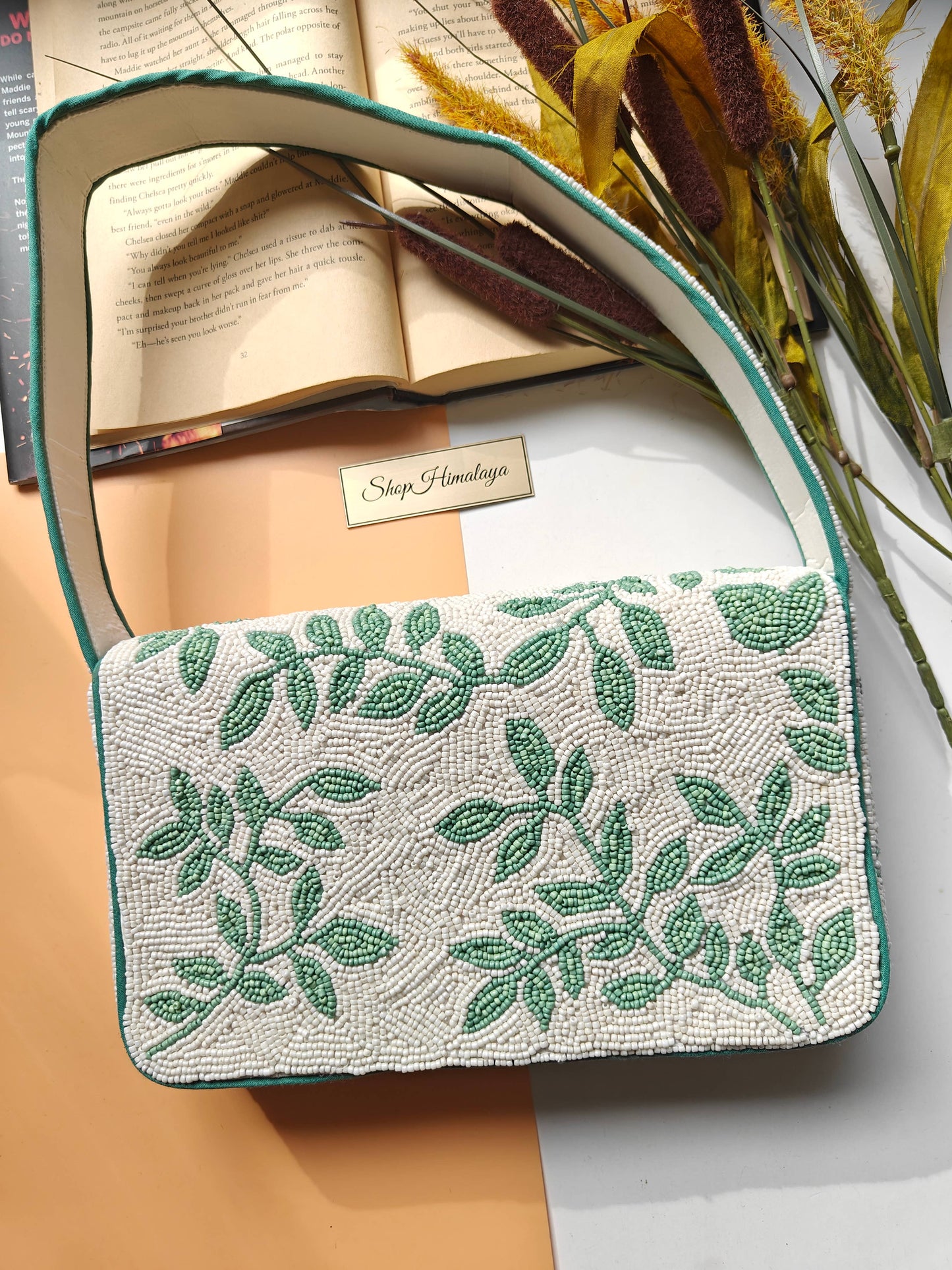 Handmade Green Leaf Beaded Shoulder Bag-LU