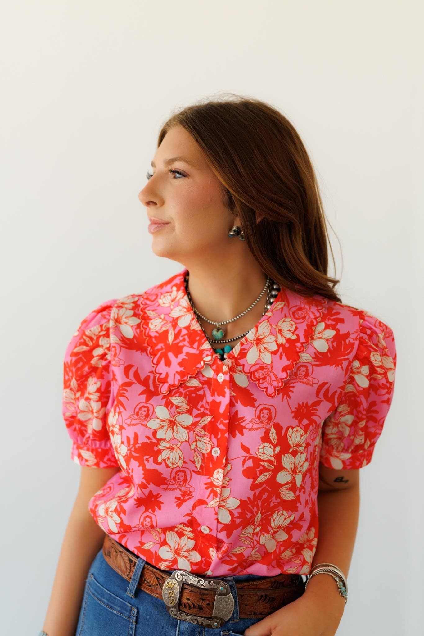Pink Floral Cowgirl Short Sleeve Top LU