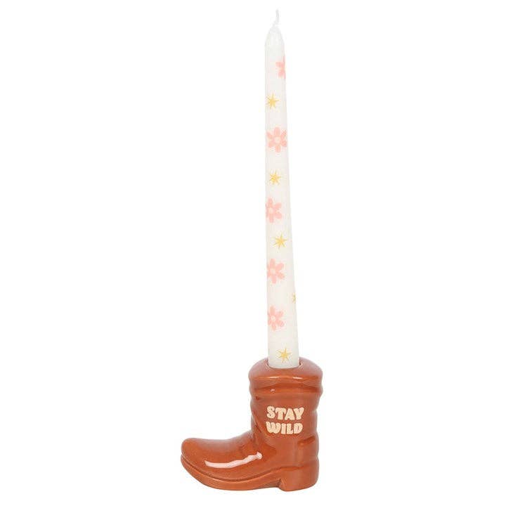 Brown Cowboy Boot Candle Holder with Taper Candle-LU