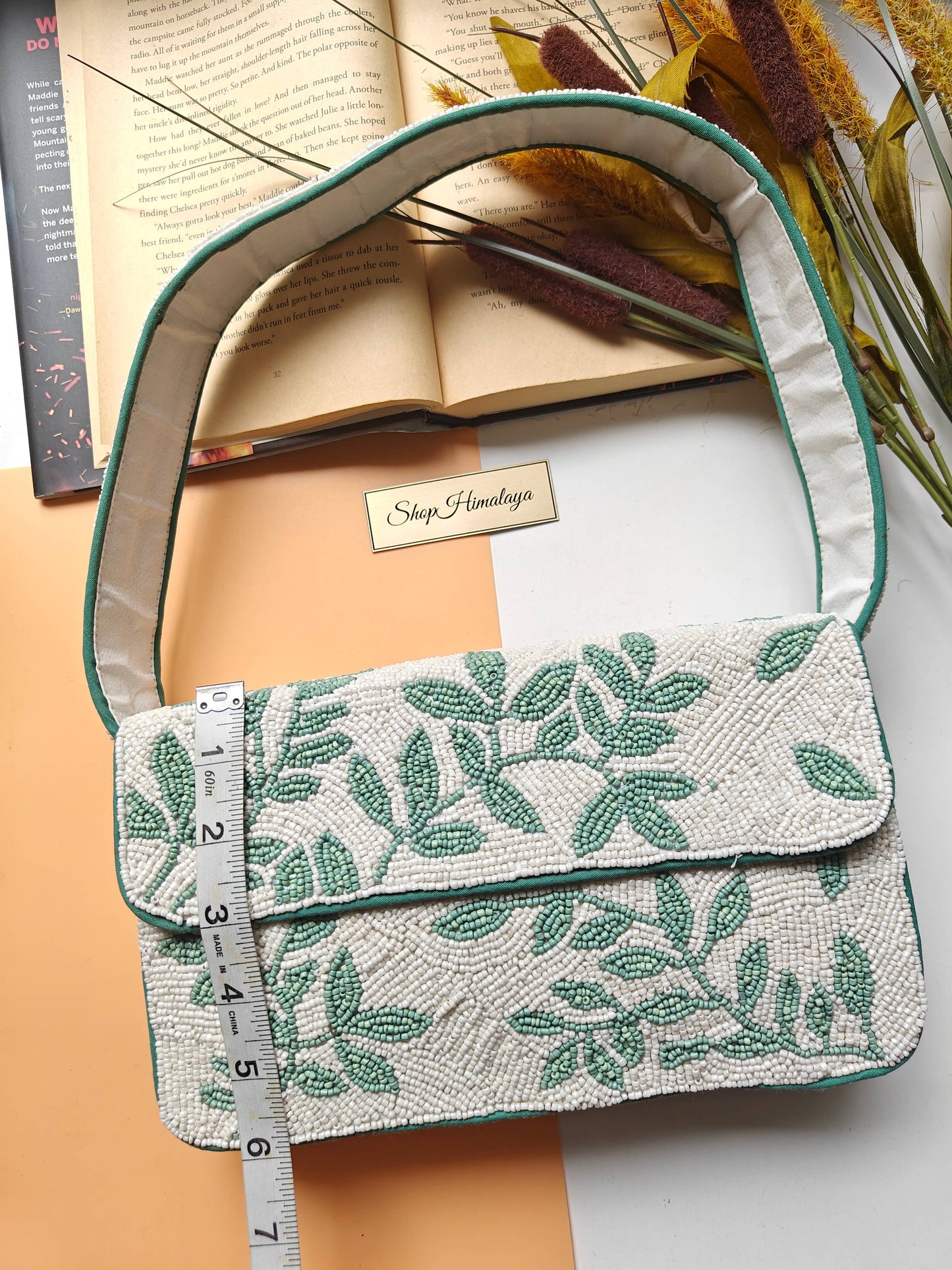 Handmade Green Leaf Beaded Shoulder Bag-LU