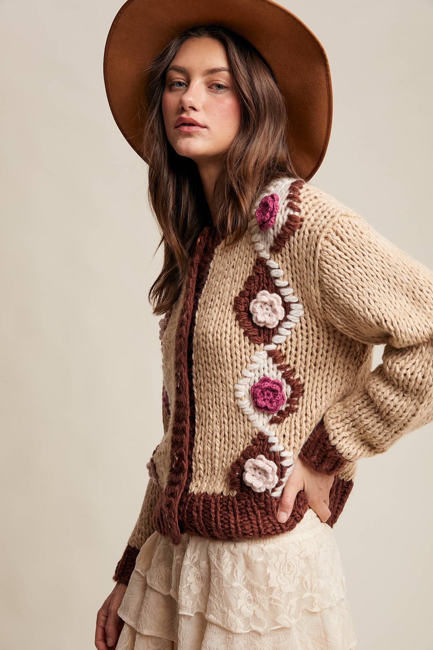 Handmade Crochet Floral Cardigan: Tiramisu