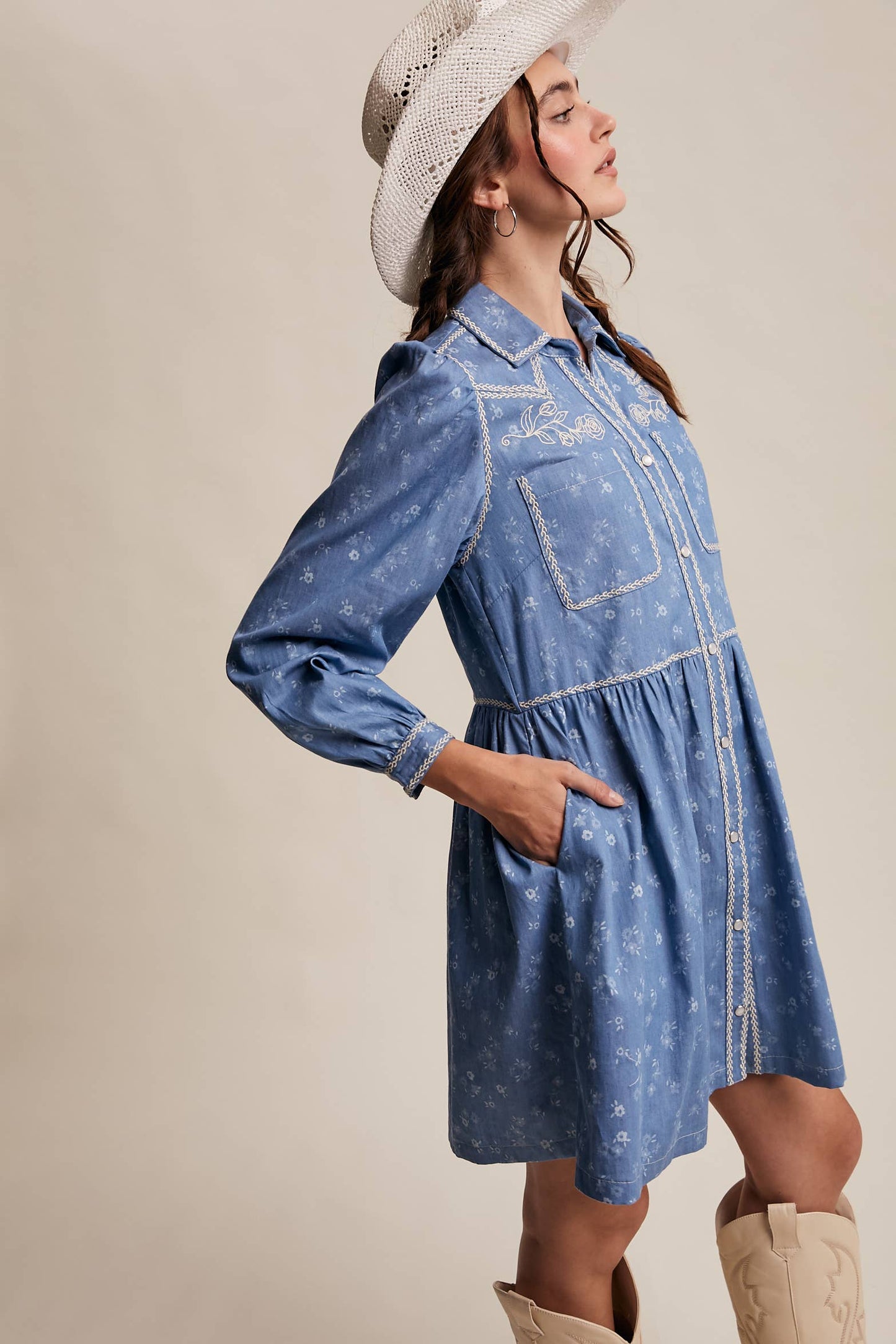 Embroidered Western Floral Shirt Dress HP