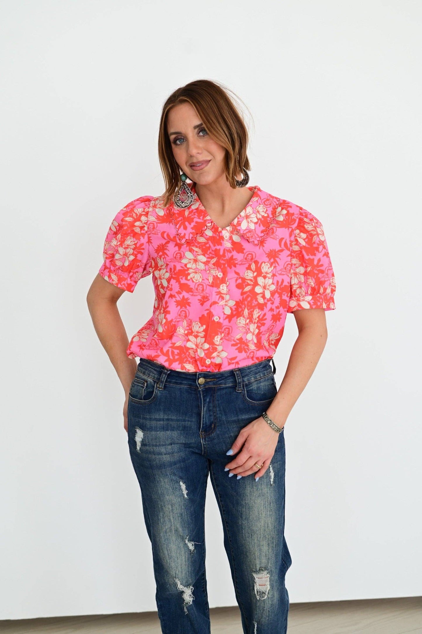 Pink Floral Cowgirl Short Sleeve Top LU