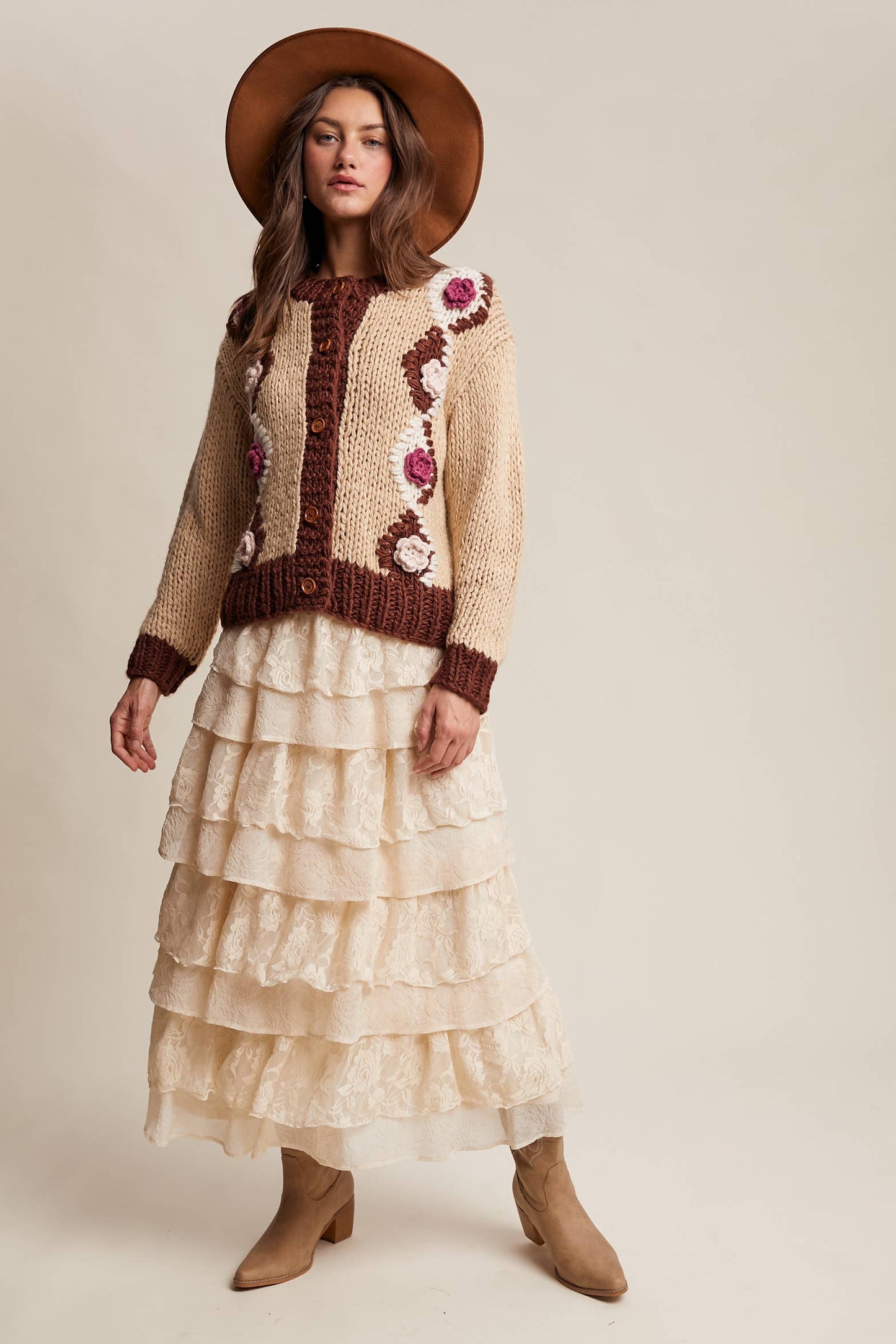 Handmade Crochet Floral Cardigan: Tiramisu