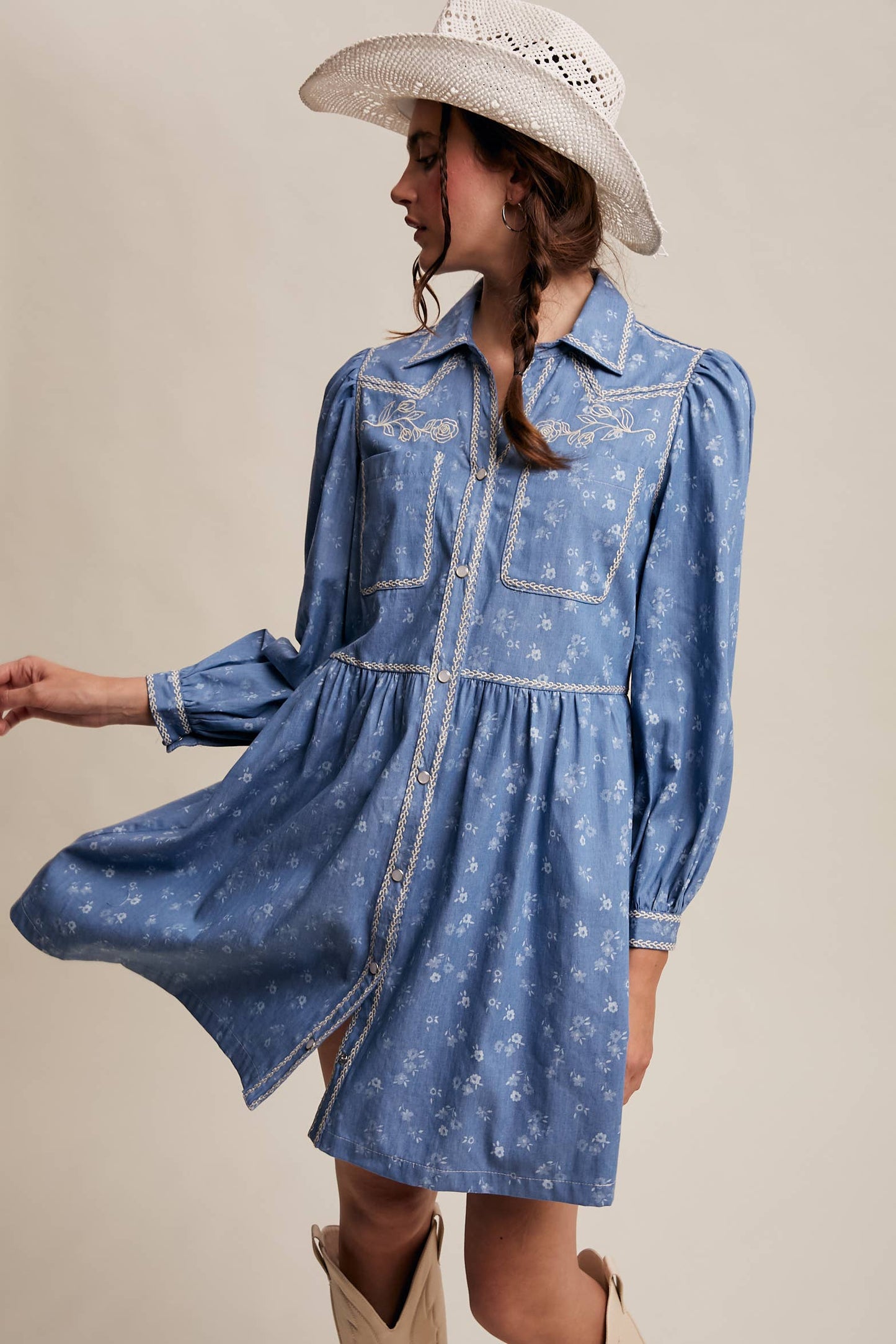 Embroidered Western Floral Shirt Dress HP