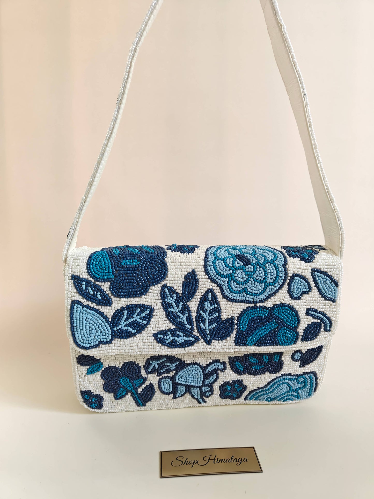 Blue Floral Beaded Shoulder Bag | Handmade Statement Purse-LU