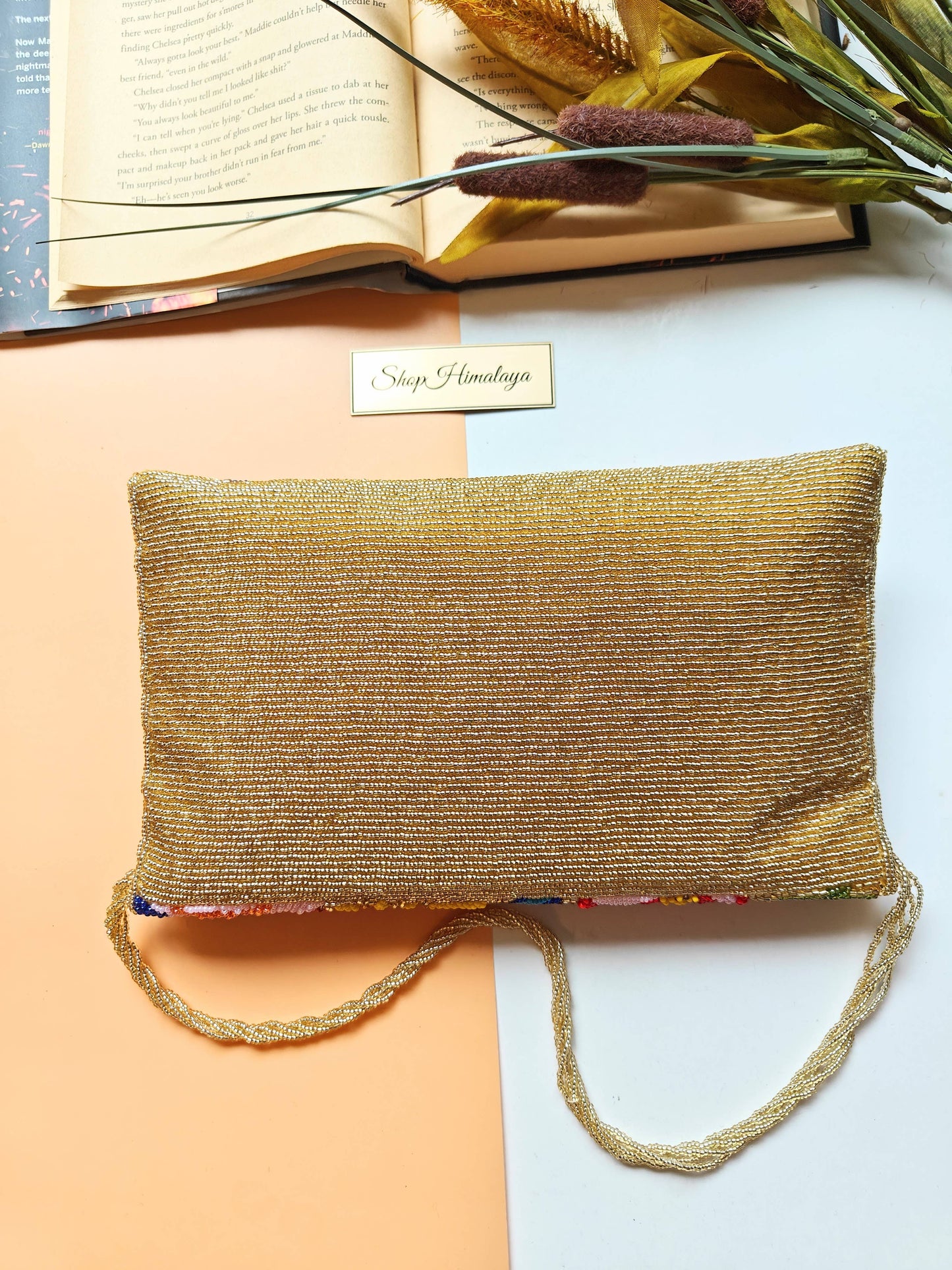 Gold Floral Beaded Clutch Handmade Evening Crossbody Bag-LU