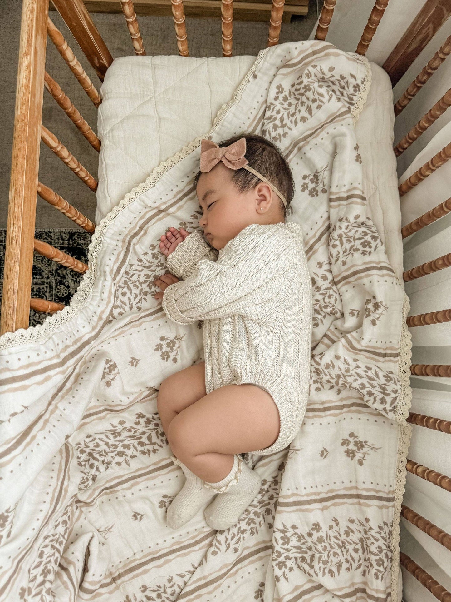 Lettie Floral 6 Layer Gauze Blanket: Lace border