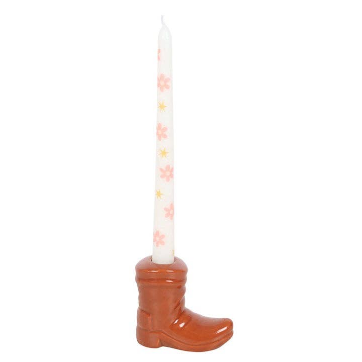 Brown Cowboy Boot Candle Holder with Taper Candle-LU