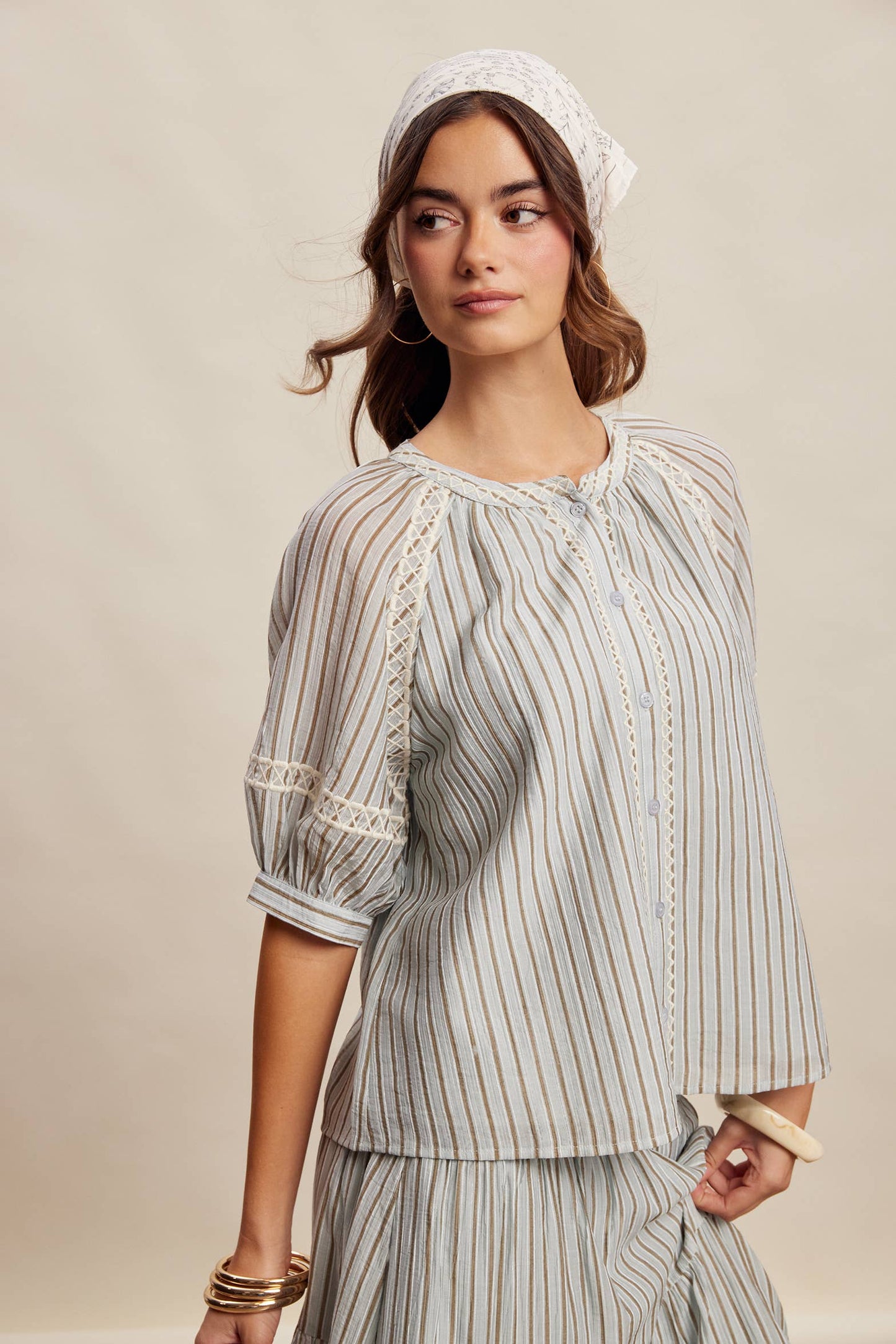Striped Blouse with Embroidery Accents Midnight Haze Haze