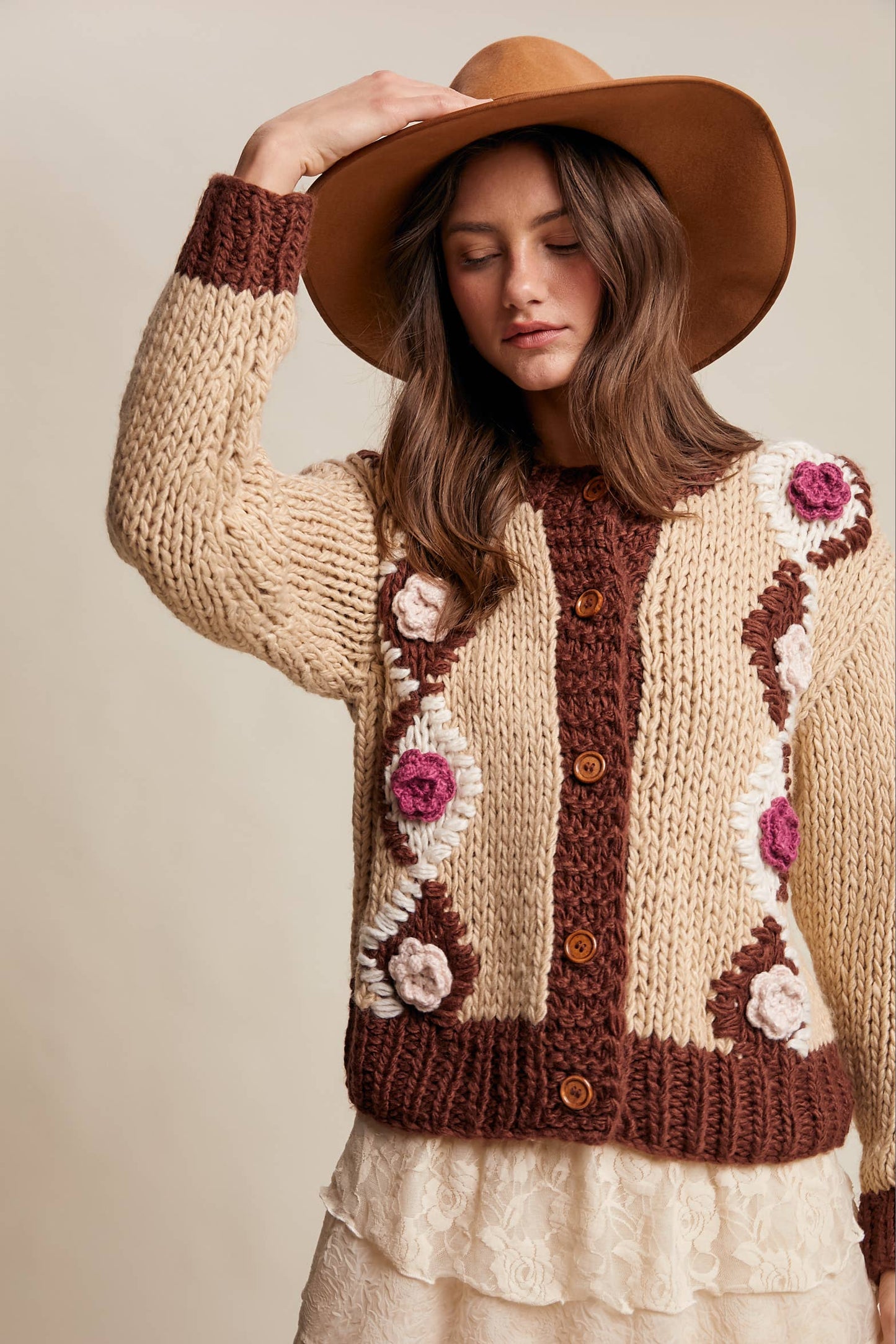 Handmade Crochet Floral Cardigan: Tiramisu