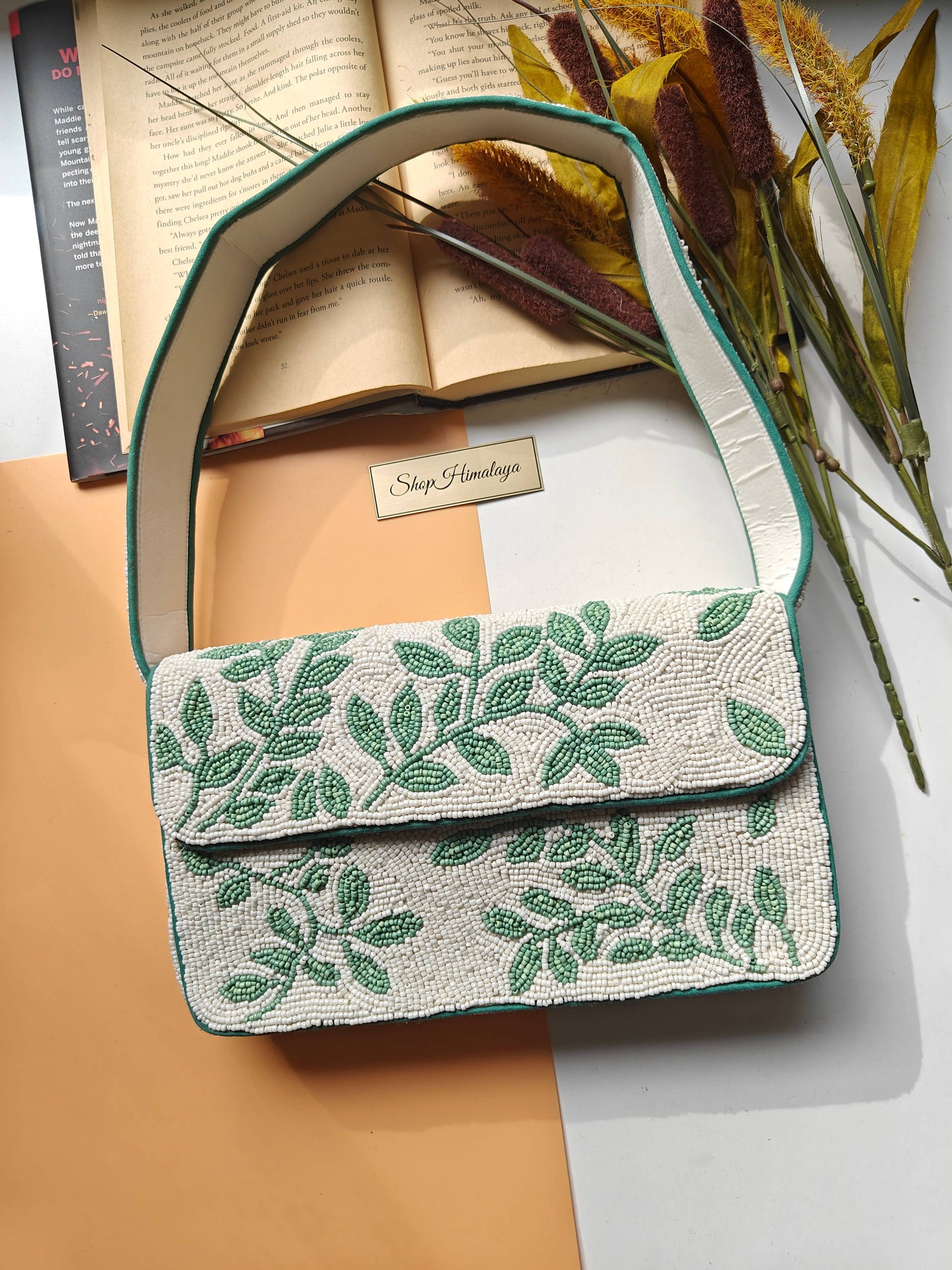 Handmade Green Leaf Beaded Shoulder Bag-LU