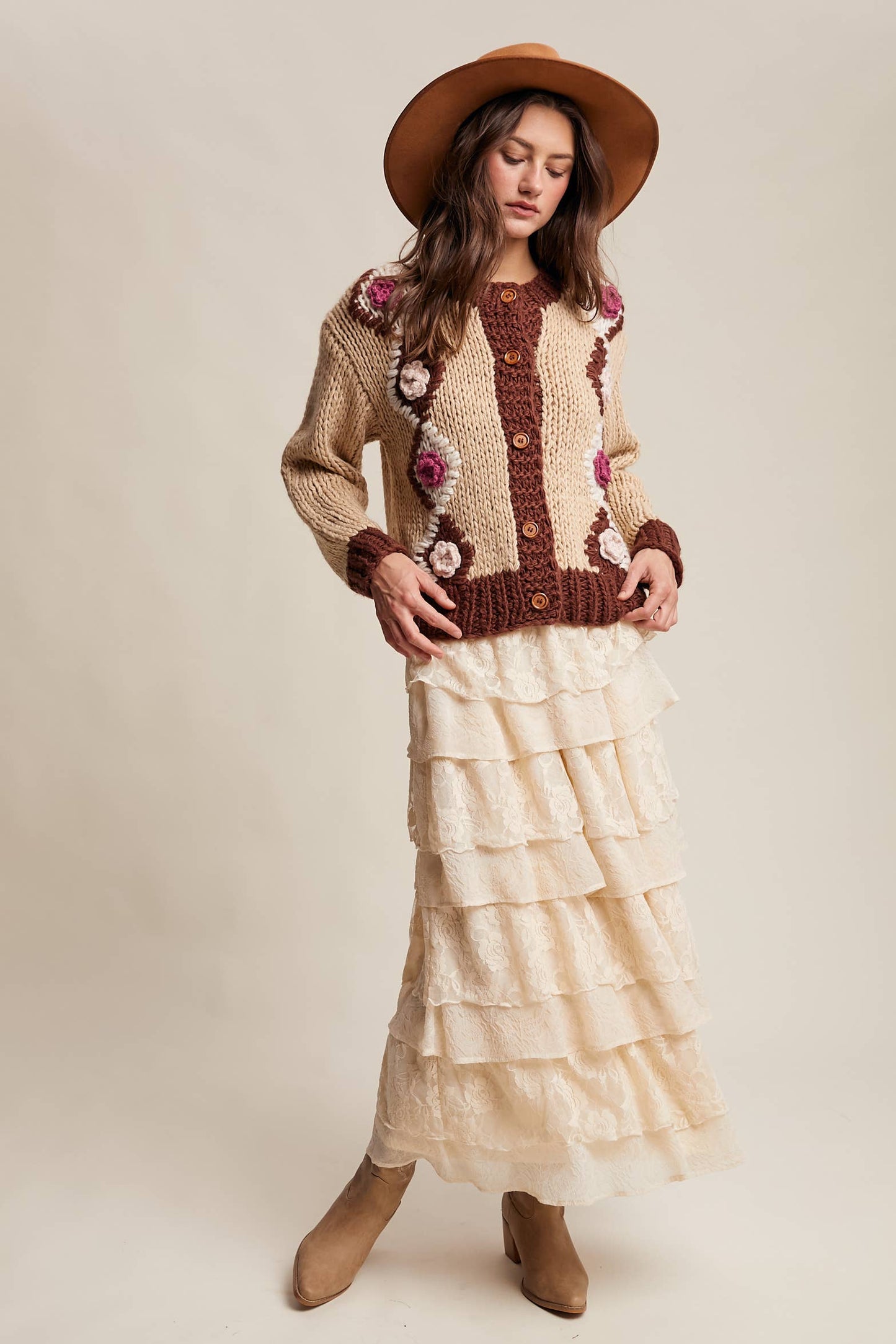 Handmade Crochet Floral Cardigan: Tiramisu