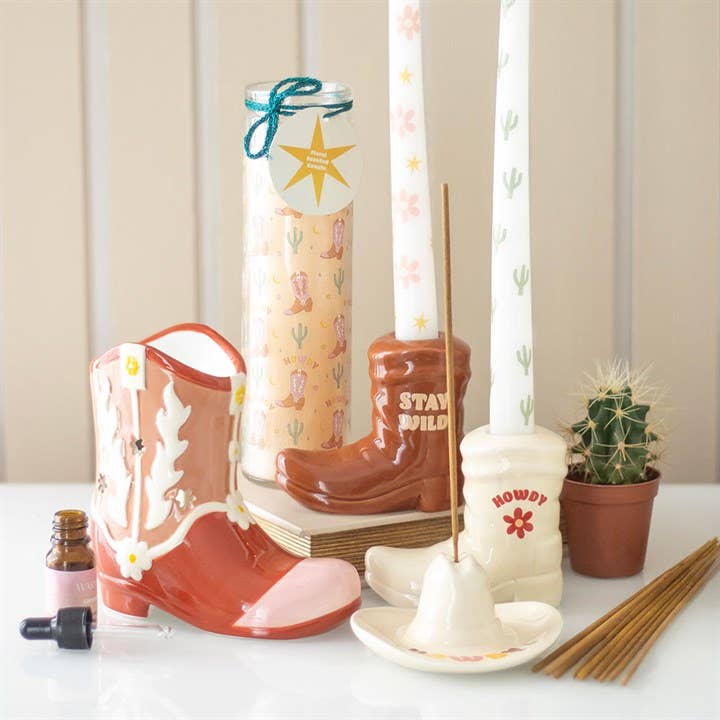 Brown Cowboy Boot Candle Holder with Taper Candle-LU