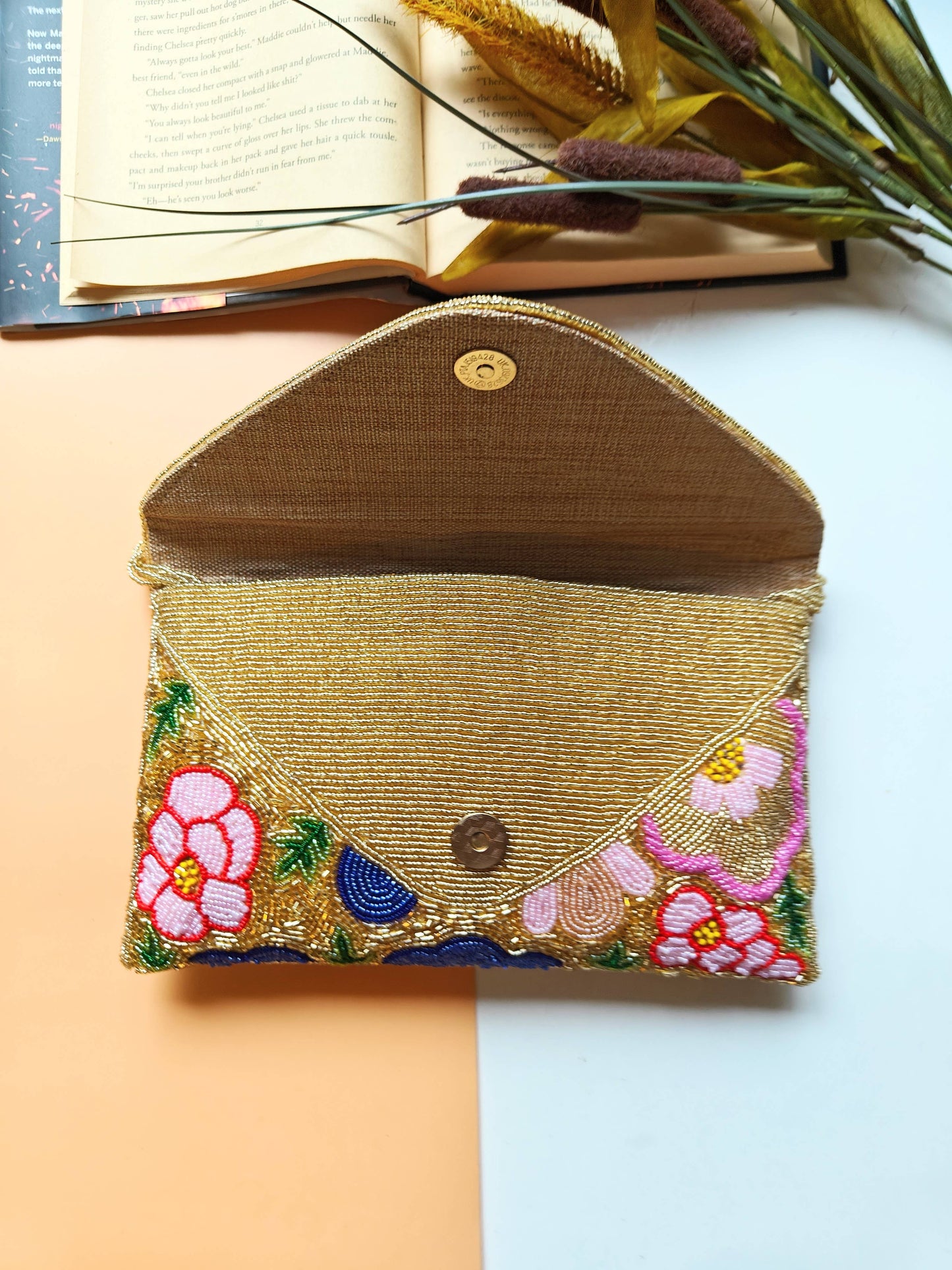 Gold Floral Beaded Clutch Handmade Evening Crossbody Bag-LU