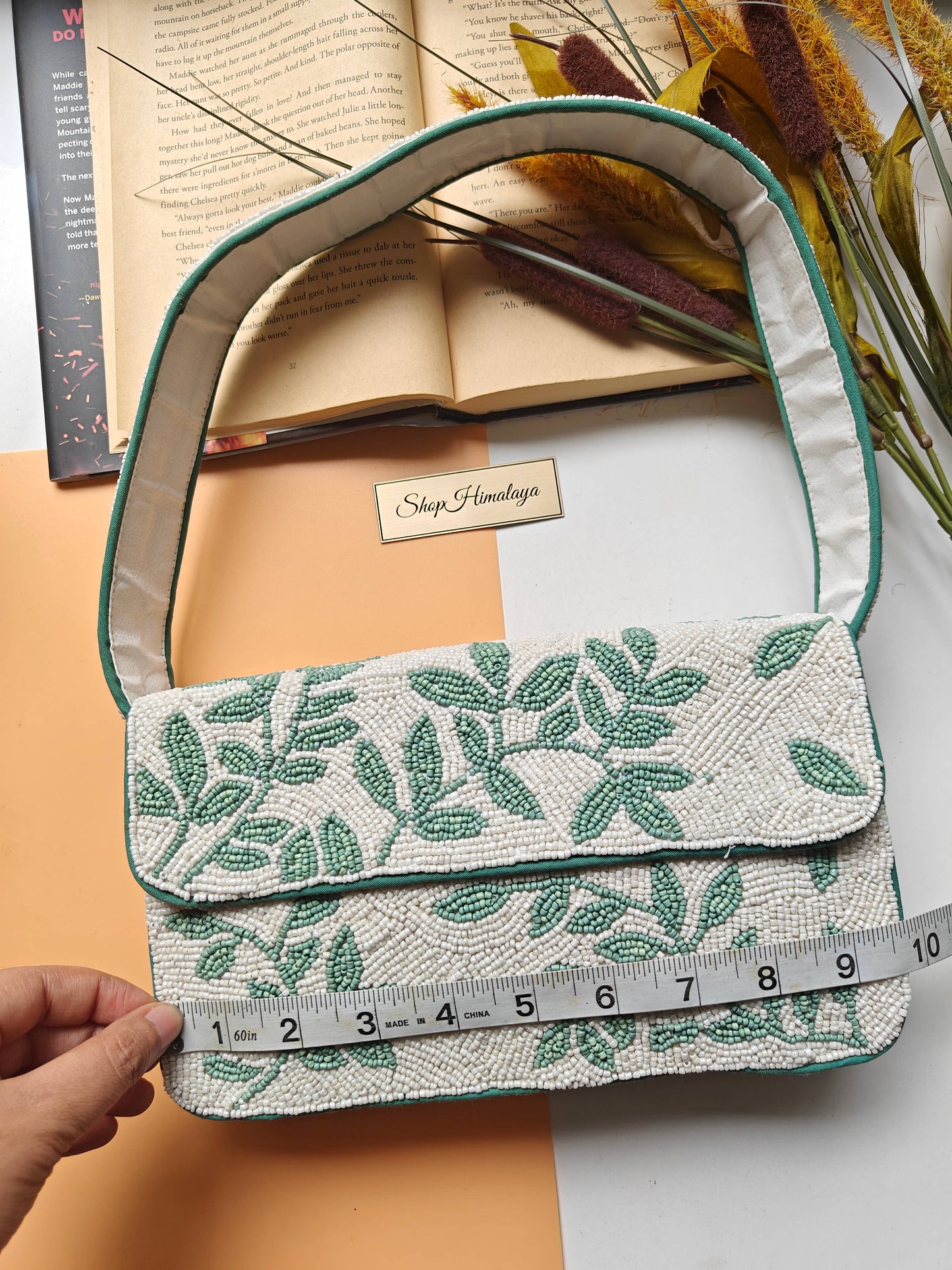Handmade Green Leaf Beaded Shoulder Bag-LU