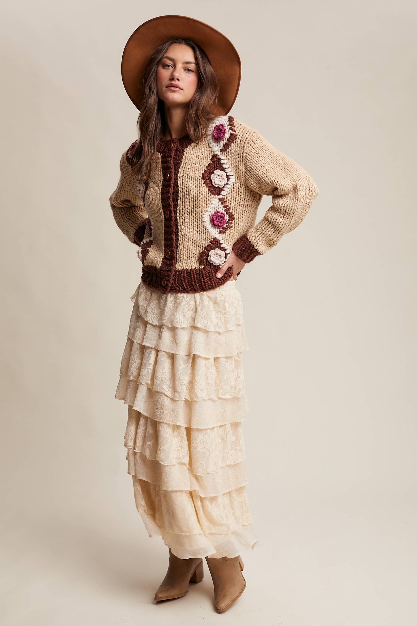 Handmade Crochet Floral Cardigan: Tiramisu