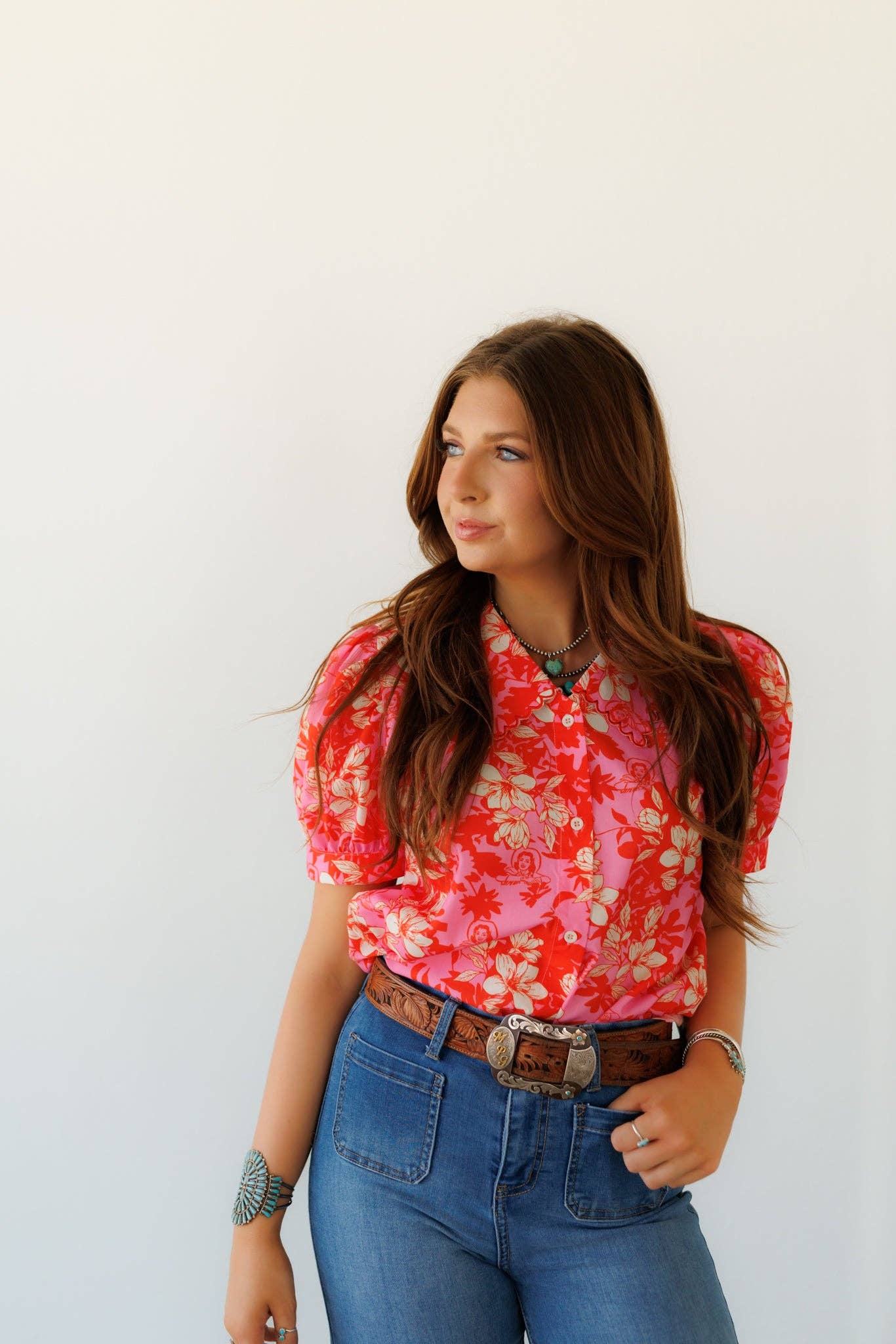 Pink Floral Cowgirl Short Sleeve Top LU