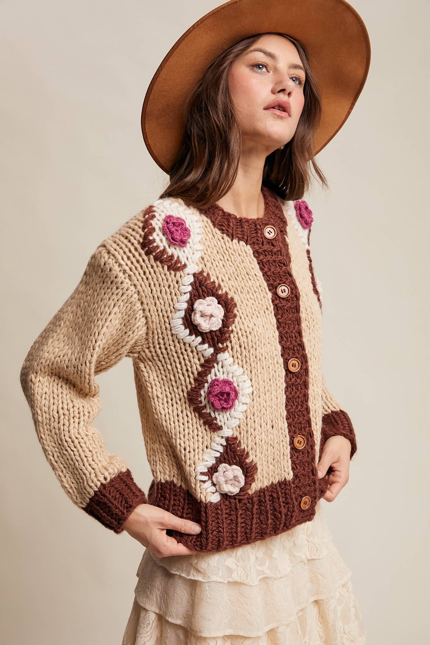 Handmade Crochet Floral Cardigan: Tiramisu