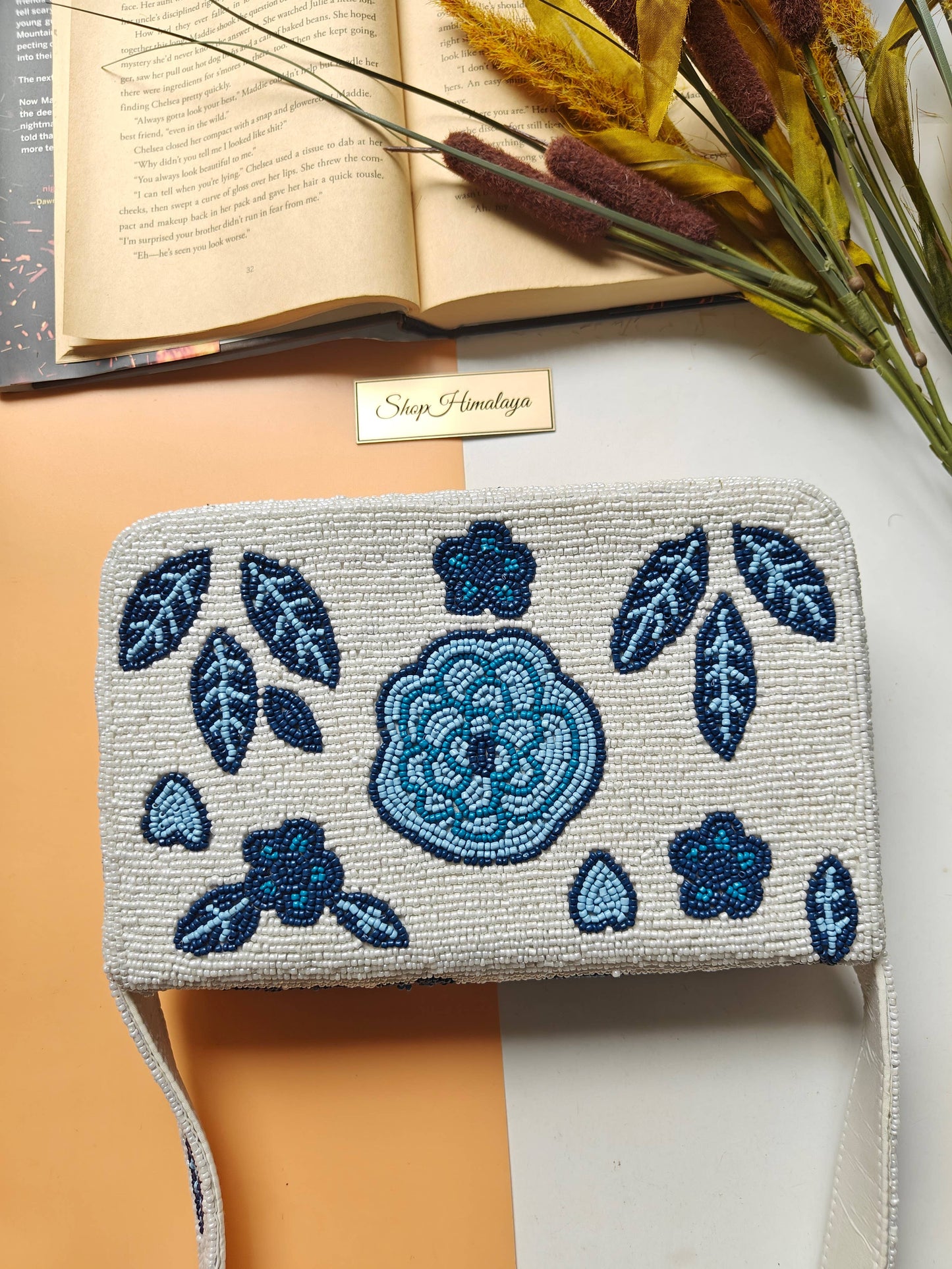 Blue Floral Beaded Shoulder Bag | Handmade Statement Purse-LU