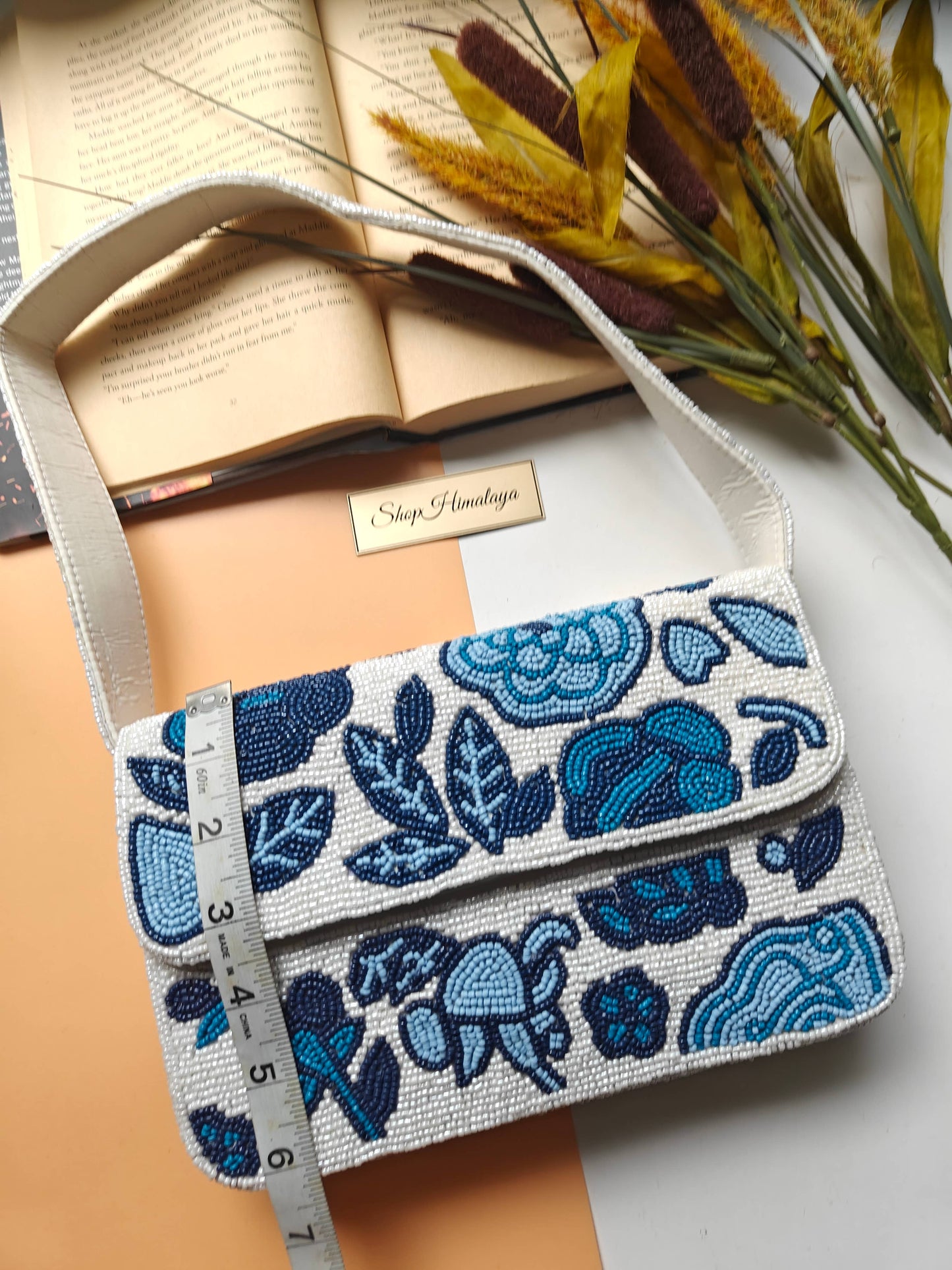 Blue Floral Beaded Shoulder Bag | Handmade Statement Purse-LU