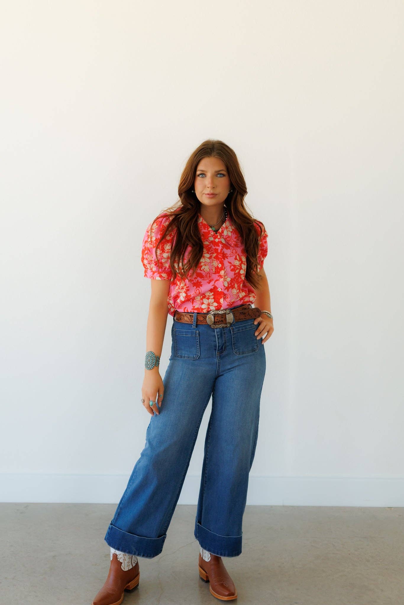 Pink Floral Cowgirl Short Sleeve Top LU