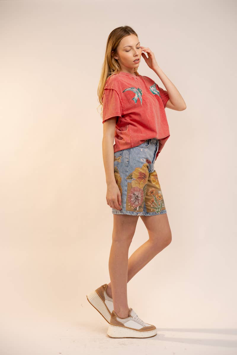 Bird Embroidered Mineral Wash Tee HP