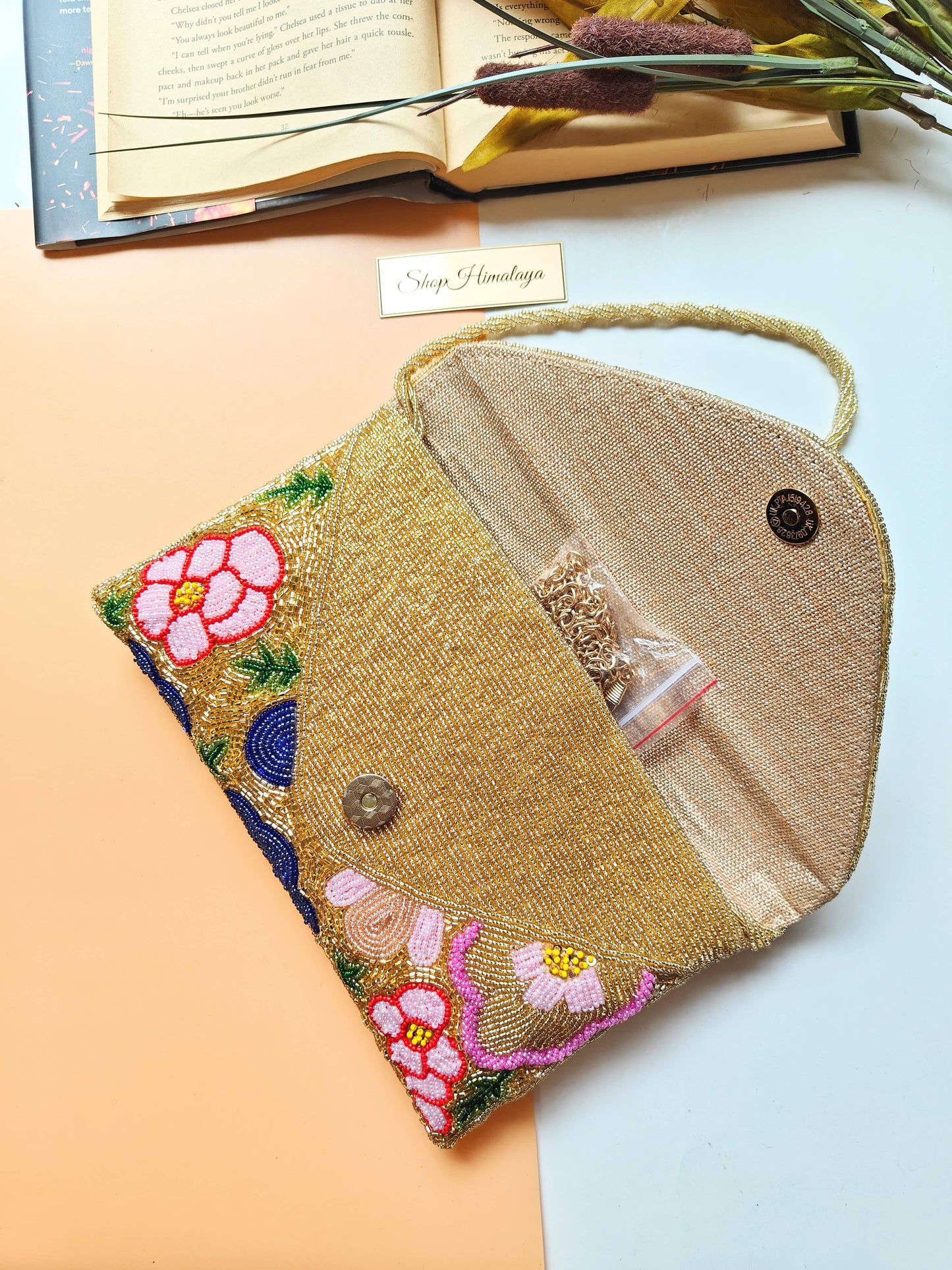 Gold Floral Beaded Clutch Handmade Evening Crossbody Bag-LU
