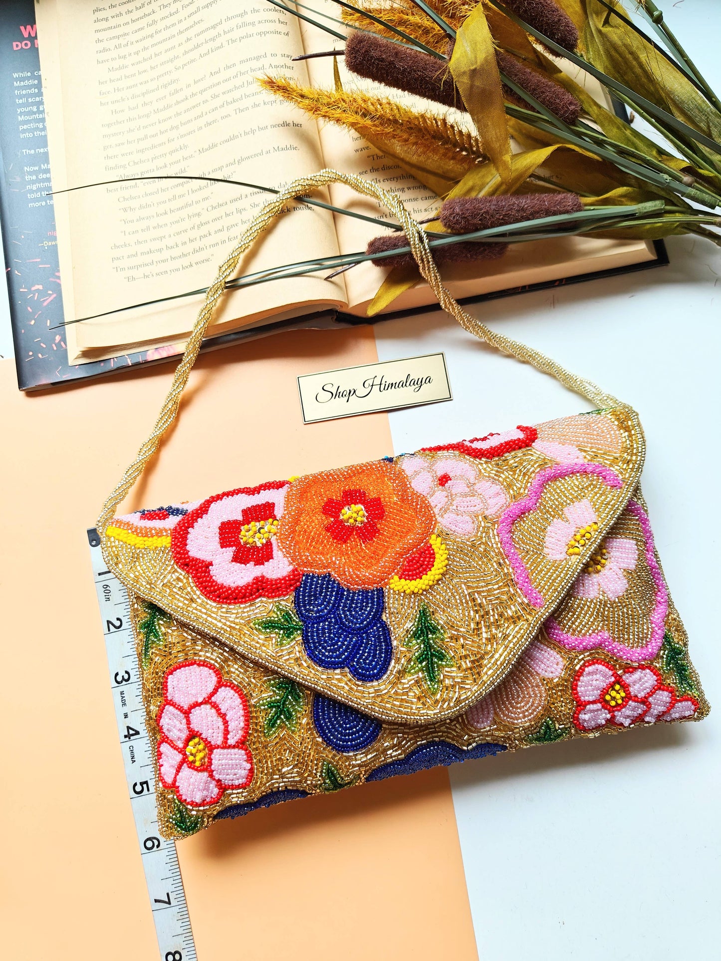 Gold Floral Beaded Clutch Handmade Evening Crossbody Bag-LU