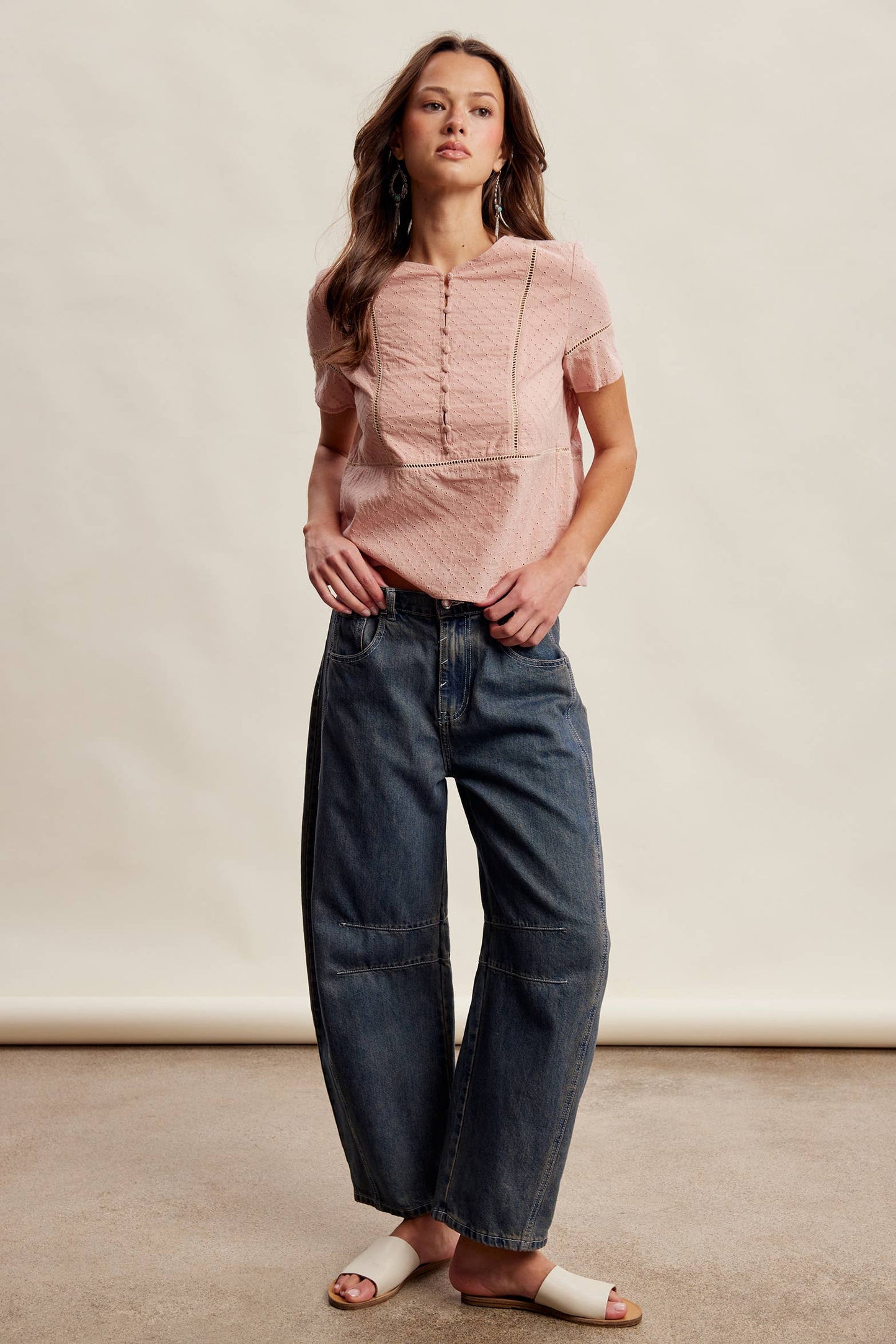 Eyelet Button-Front Short Sleeve Blouse/Light Blue