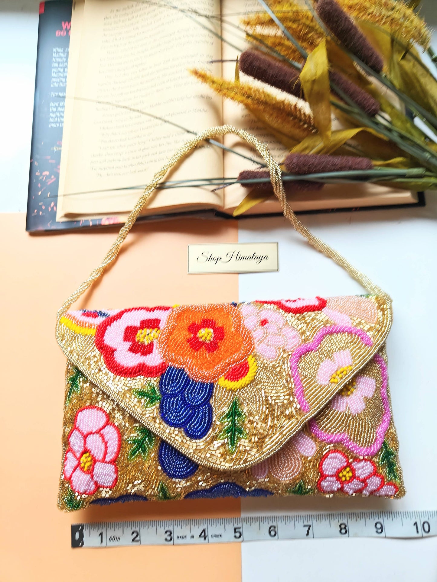 Gold Floral Beaded Clutch Handmade Evening Crossbody Bag-LU