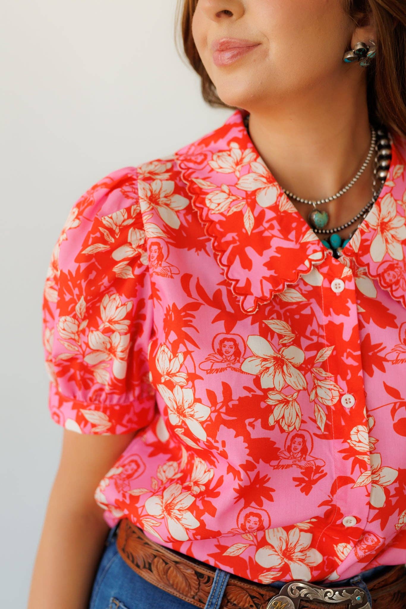 Pink Floral Cowgirl Short Sleeve Top LU