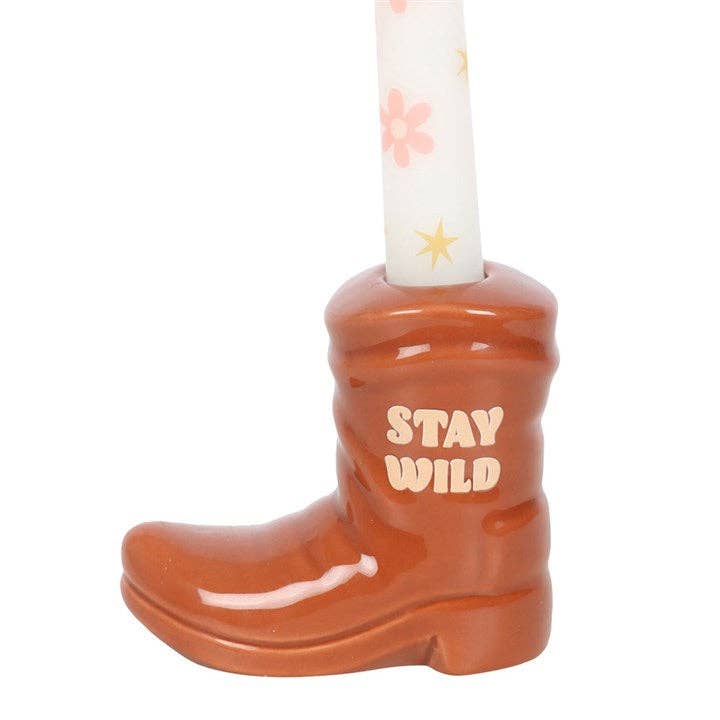 Brown Cowboy Boot Candle Holder with Taper Candle-LU