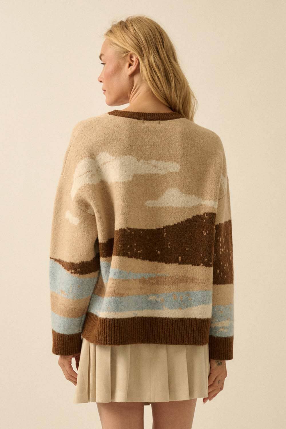 Beach Landscape Jacquard-Knit Sweater: Blue LU