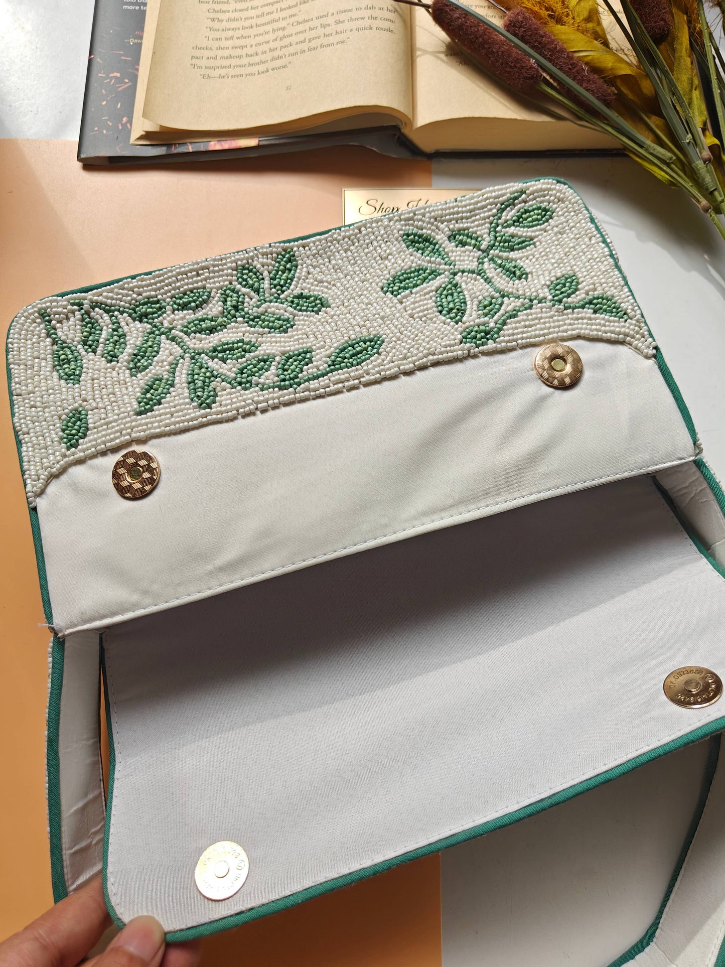 Handmade Green Leaf Beaded Shoulder Bag-LU