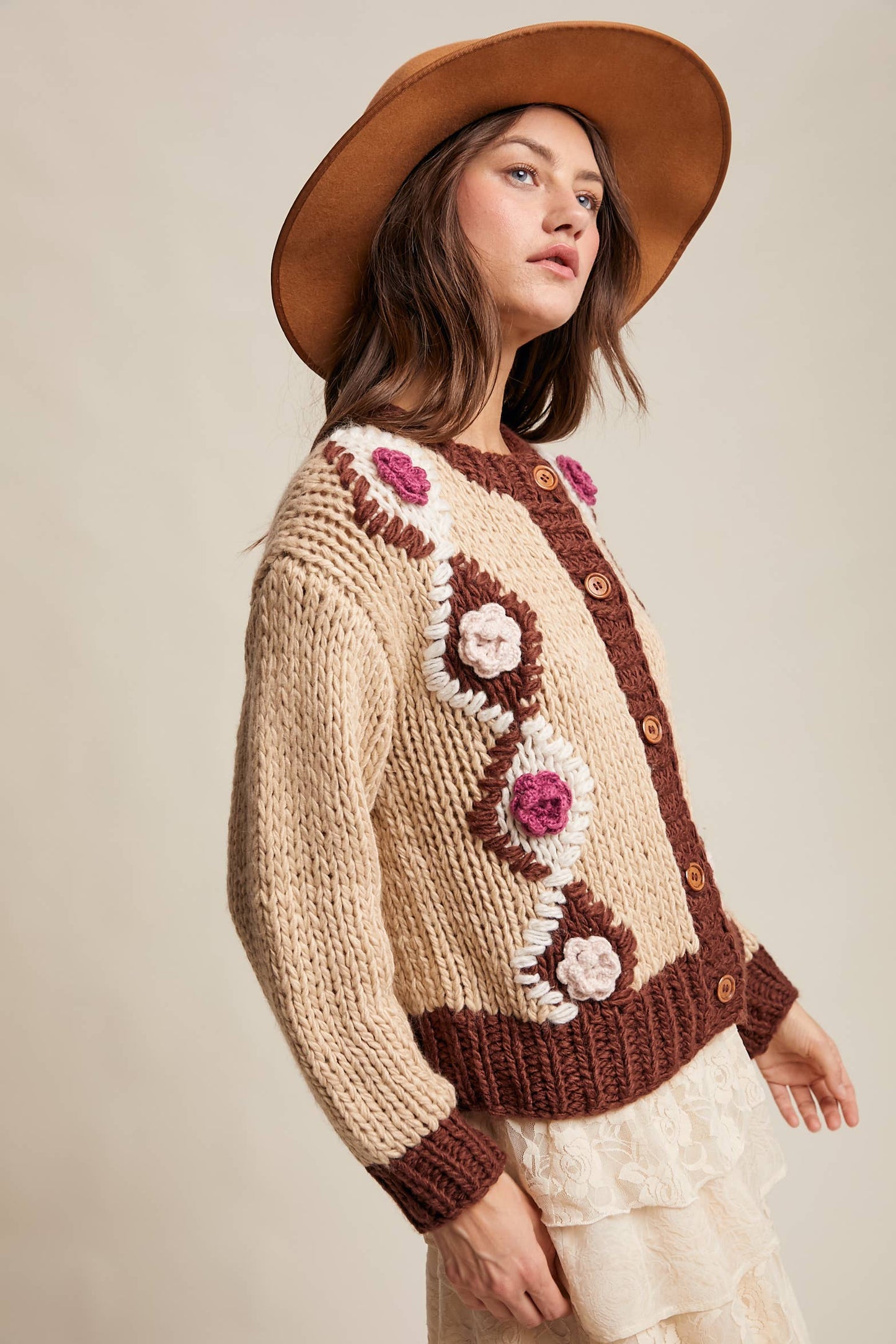 Handmade Crochet Floral Cardigan: Tiramisu