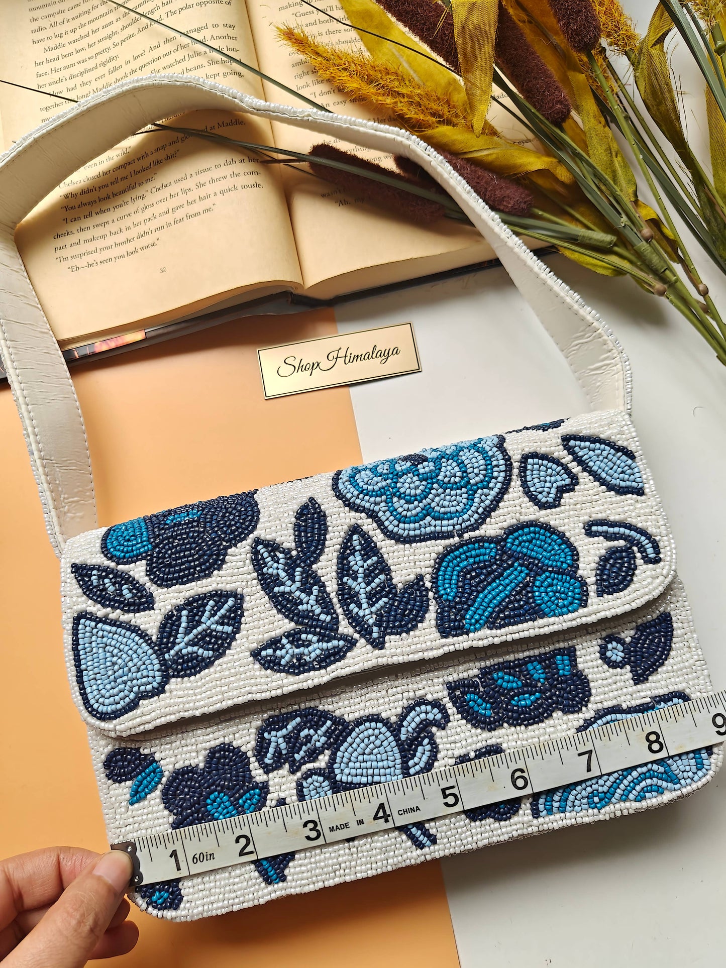 Blue Floral Beaded Shoulder Bag | Handmade Statement Purse-LU
