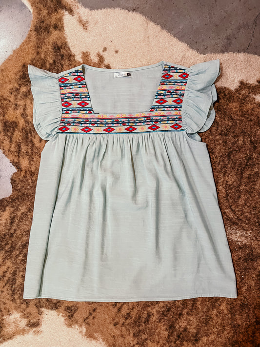 Pale Green Embroidered Flutter Sleeve HP