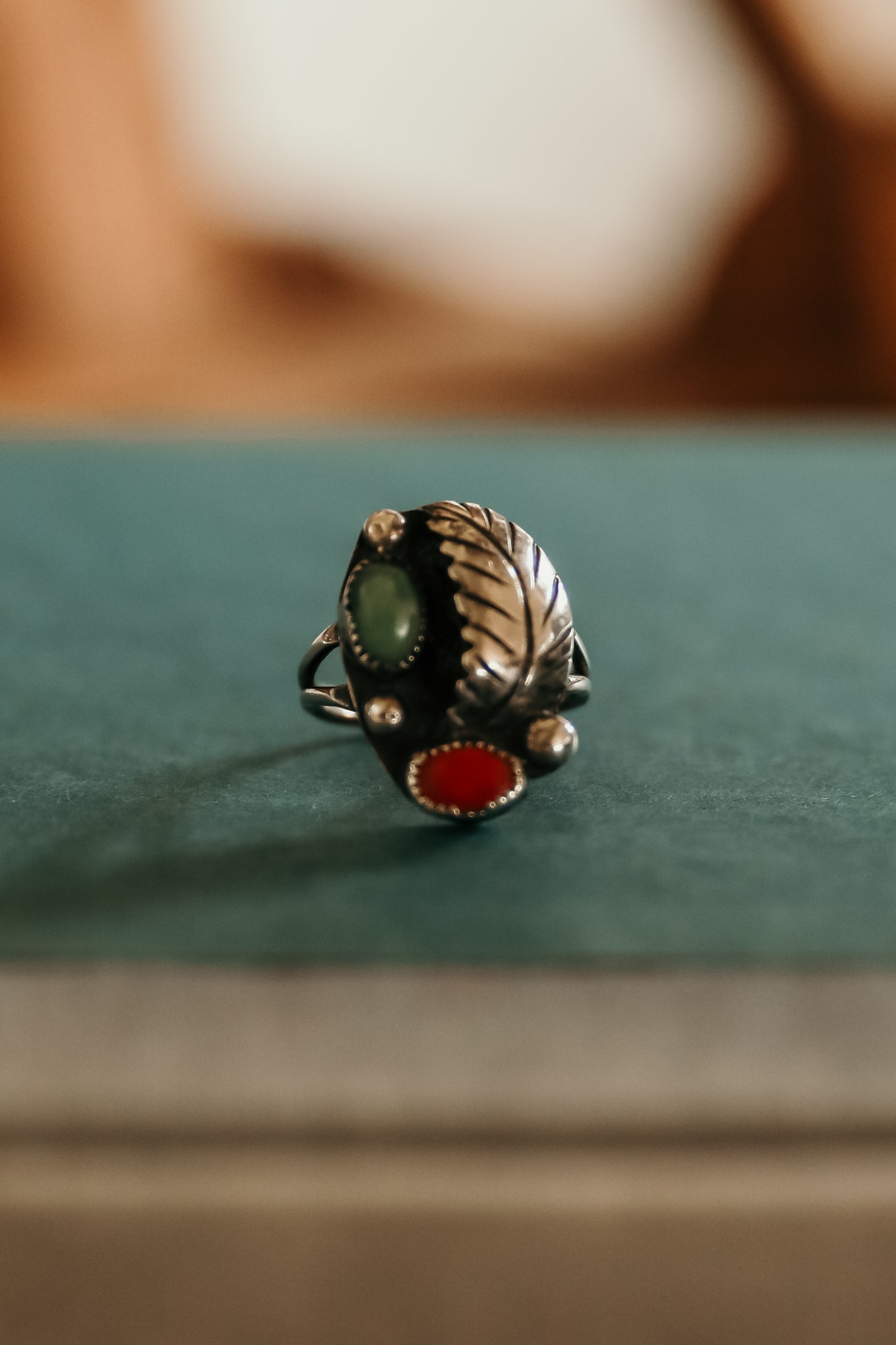 Vintage Turquoise + Red Feather Ring