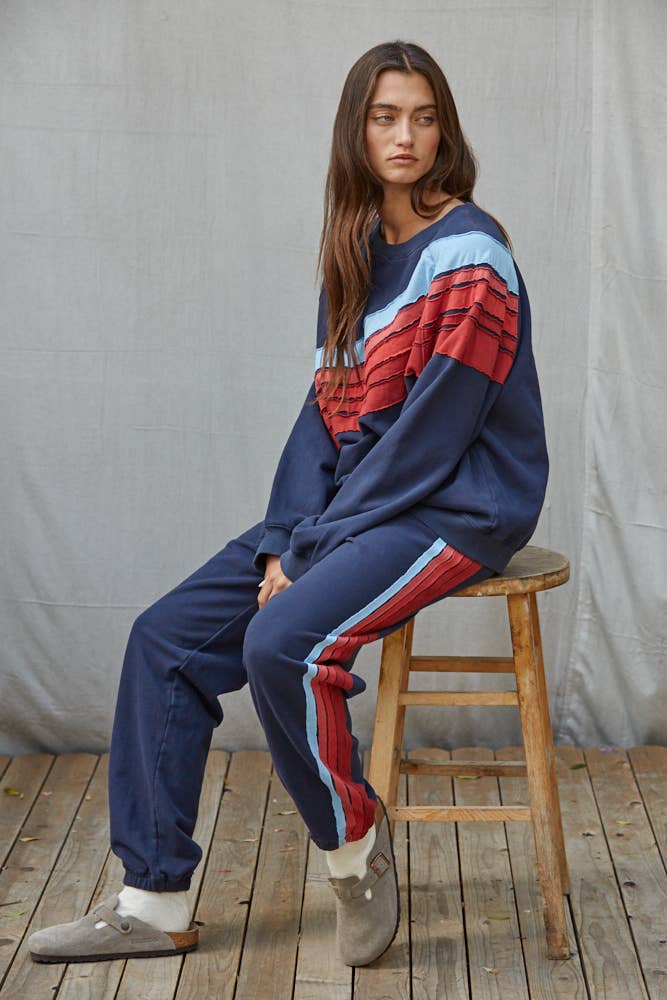 Knit Cotton Crew Multi Color Stripe Detail Top: Navy