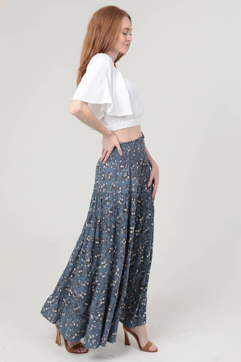 Ditsy Print Smocked Waist Tiered Maxi Skirt: Blue