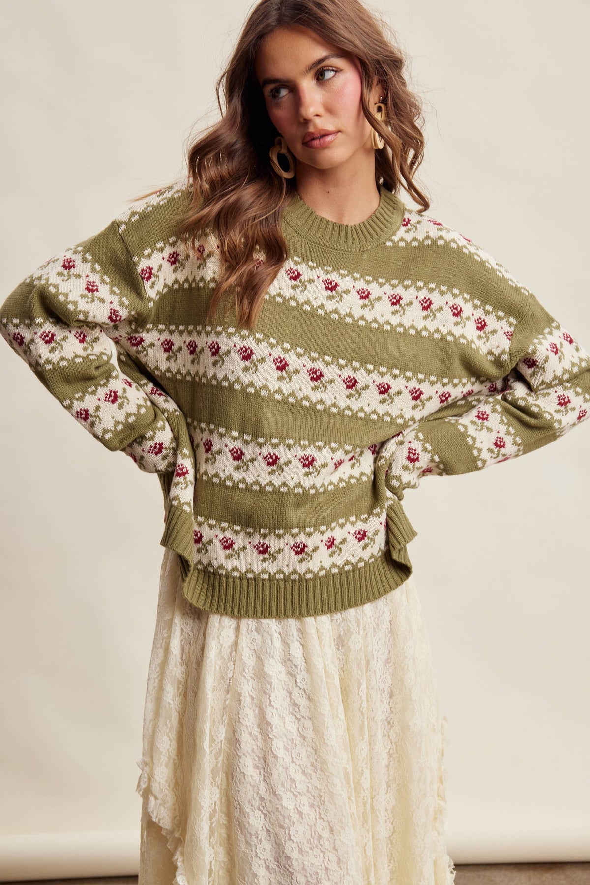 Floral Fair Isle Knit Sweater/Ruby