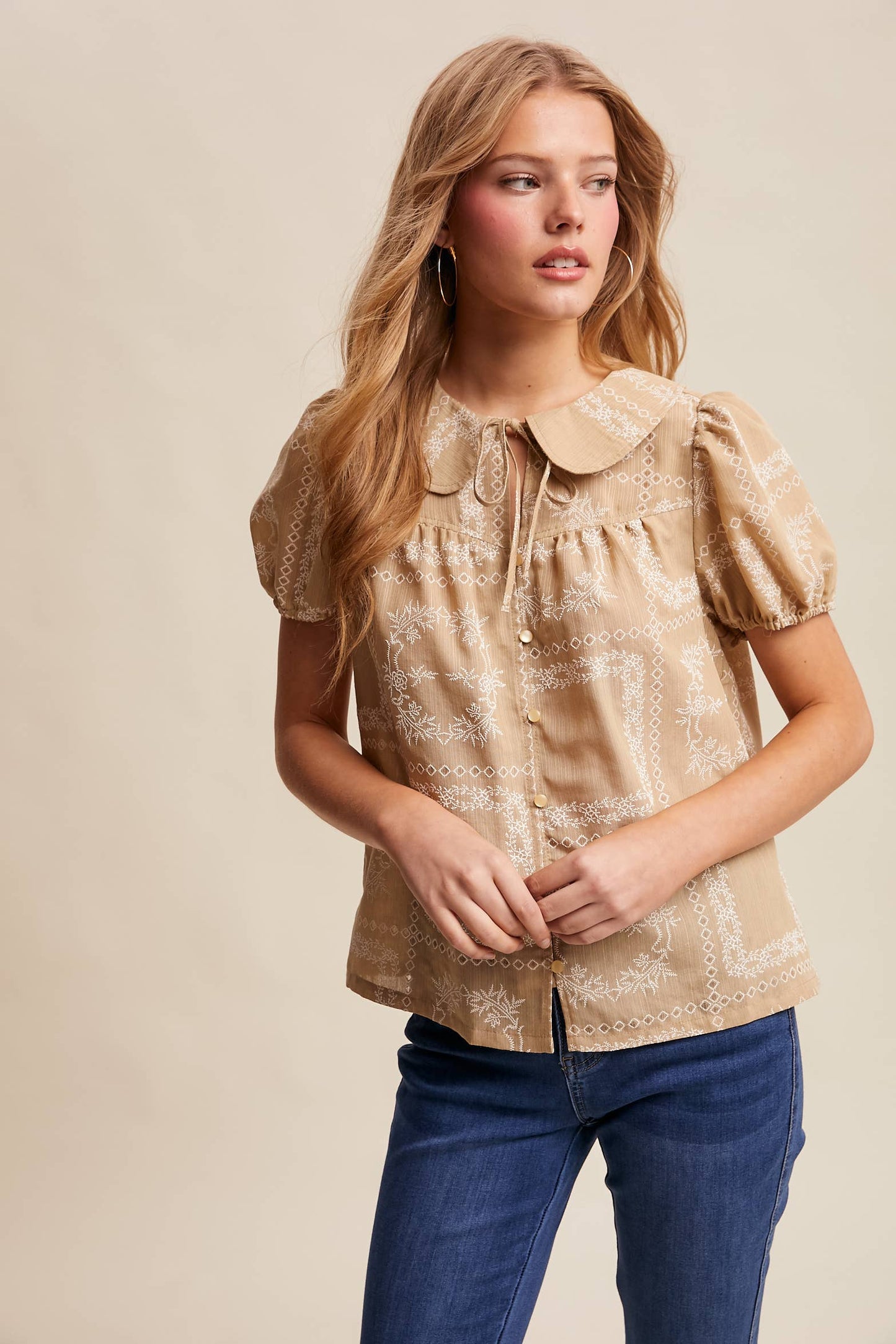 Embroidered Eyelet Puff Sleeve Blouse Navy
