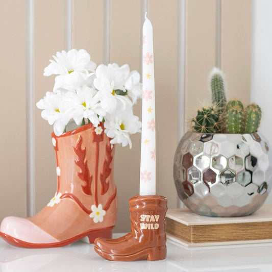 Brown Cowboy Boot Candle Holder with Taper Candle-LU