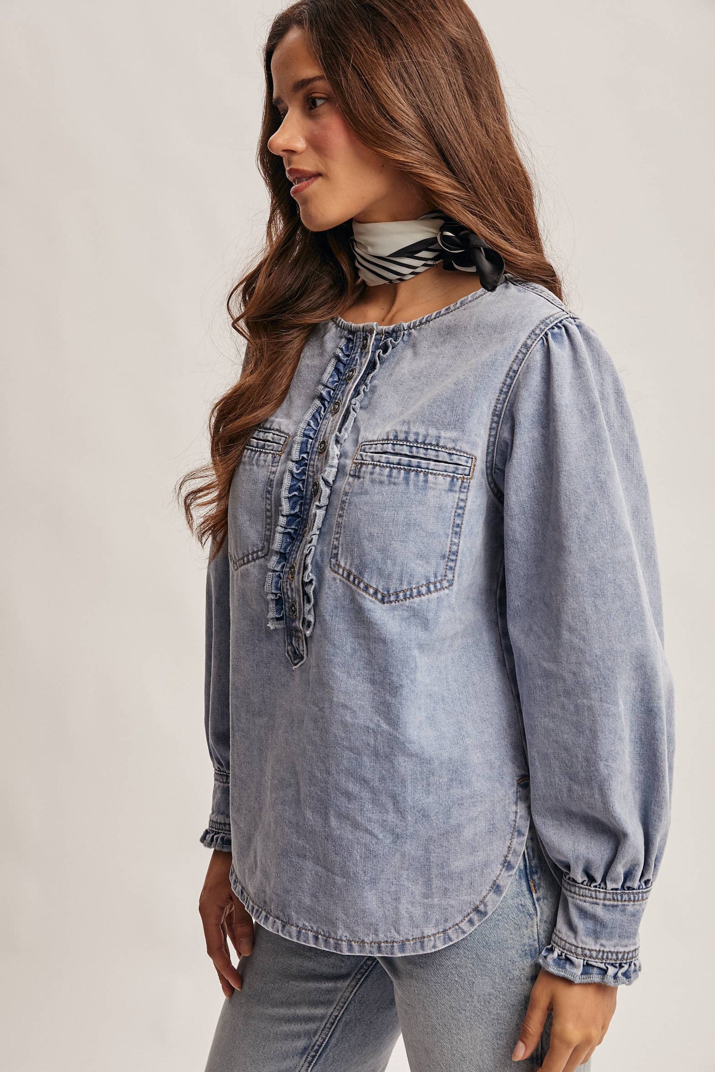 Ruffle Trim Denim Blouse:Cloud Wash