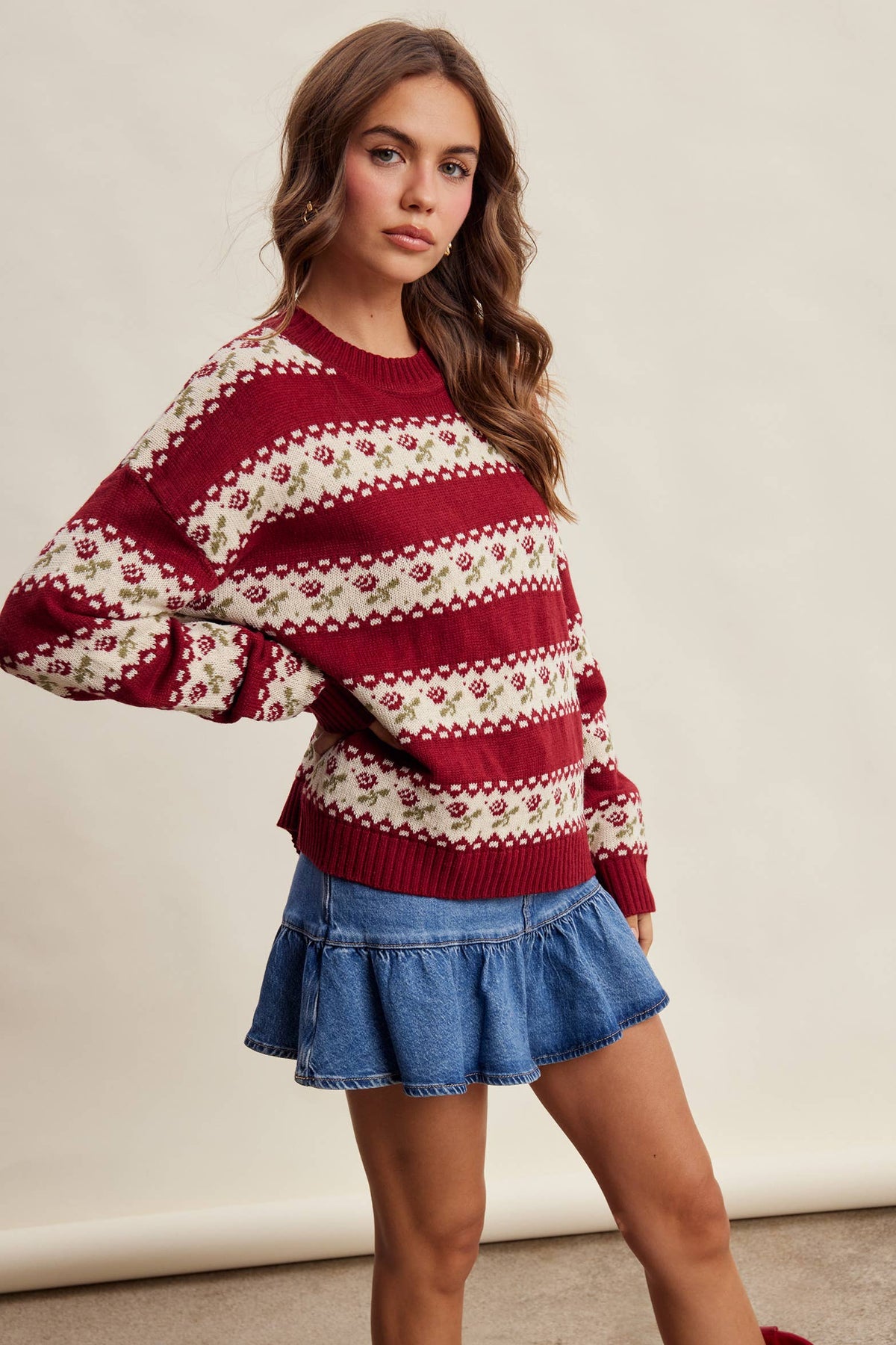 Floral Fair Isle Knit Sweater/Ruby