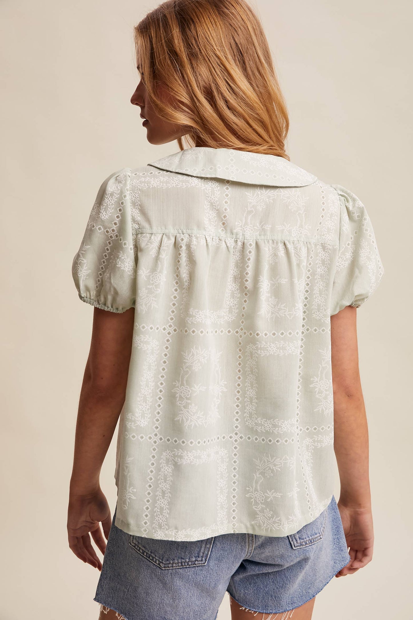 Embroidered Eyelet Puff Sleeve Blouse Navy